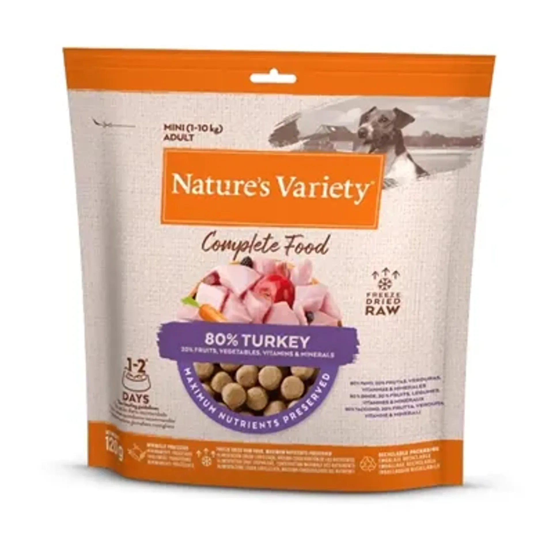 NATURES VARIETY FREEZE DRIED COMPLETE MINI ADULT 1-10 KG TURKEY 120 GR
