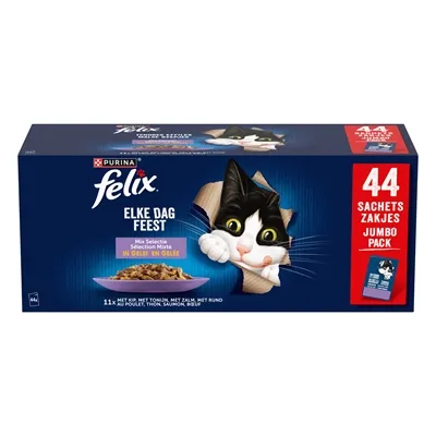 FELIX POUCH ELKE DAG FEEST IN GELEI MIX BOX TONIJN / ZALM / RUND / KIP 44X85 GR FELIX POUCH ELKE DAG FEEST IN GELEI MIX BOX TONIJN / ZALM / RUND / KIP 44X85 GR