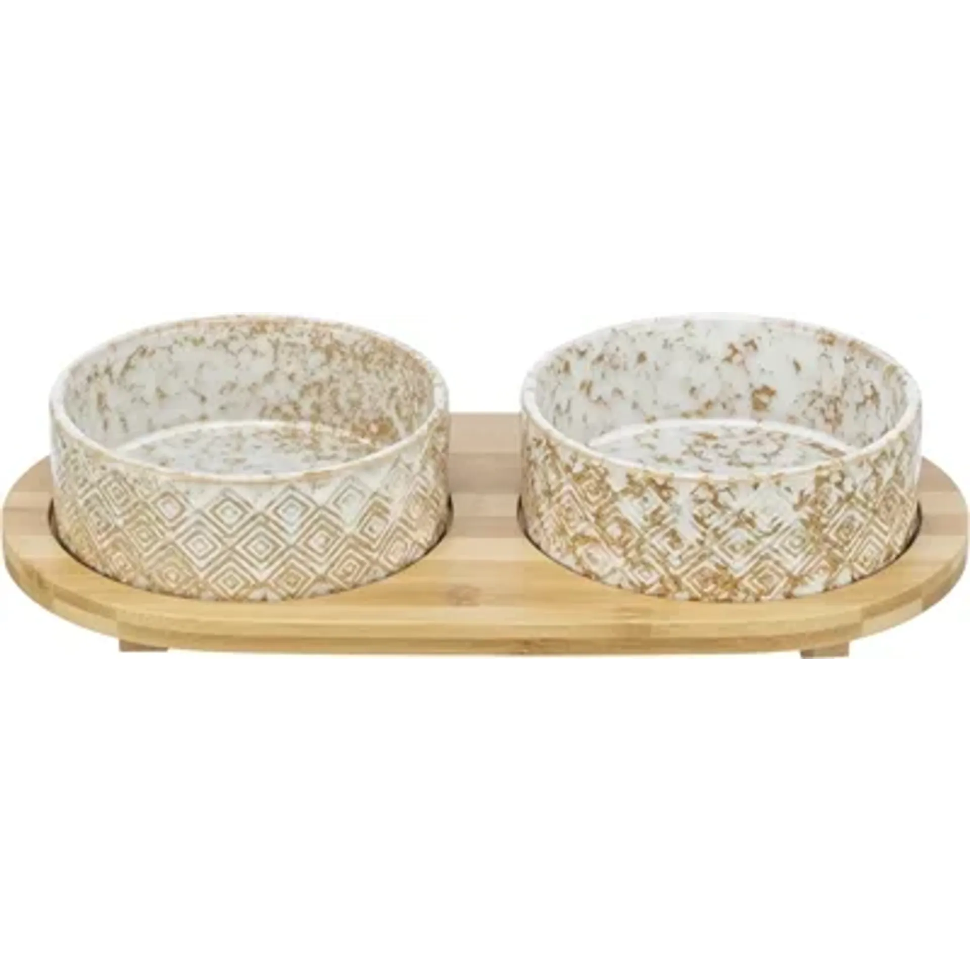 TRIXIE SET VOERBAK / WATERBAK KERAMIEK / BAMBOE WIT / NATUUR 2X300 ML 30X6X15 CM