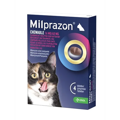 ZZZKRKA MILPRAZON KAUWTABLETTEN ONTWORMINGSTABLETTEN KAT >2 KG 16 MG/40 MG 4 TBL ZZZKRKA MILPRAZON KAUWTABLETTEN ONTWORMINGSTABLETTEN KAT >2 KG 16 MG/40 MG 4 TBL