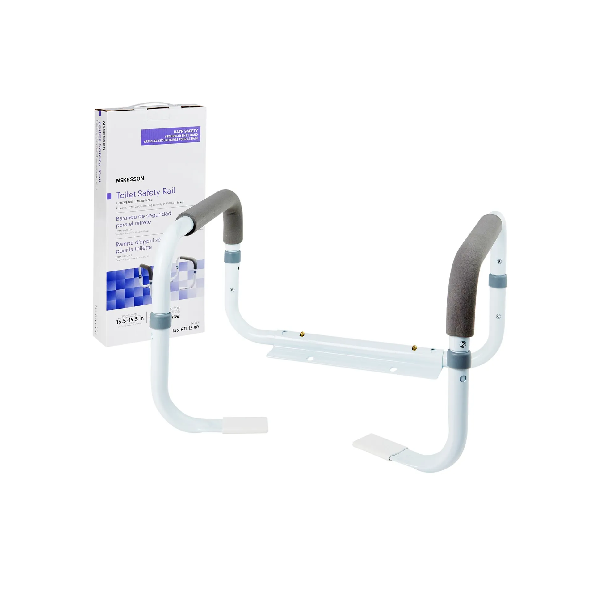 McKesson Toilet Safety Rail, White Steel, Width-Adjustable McKesson Toilet Safety Rail, White Steel, Width-Adjustable