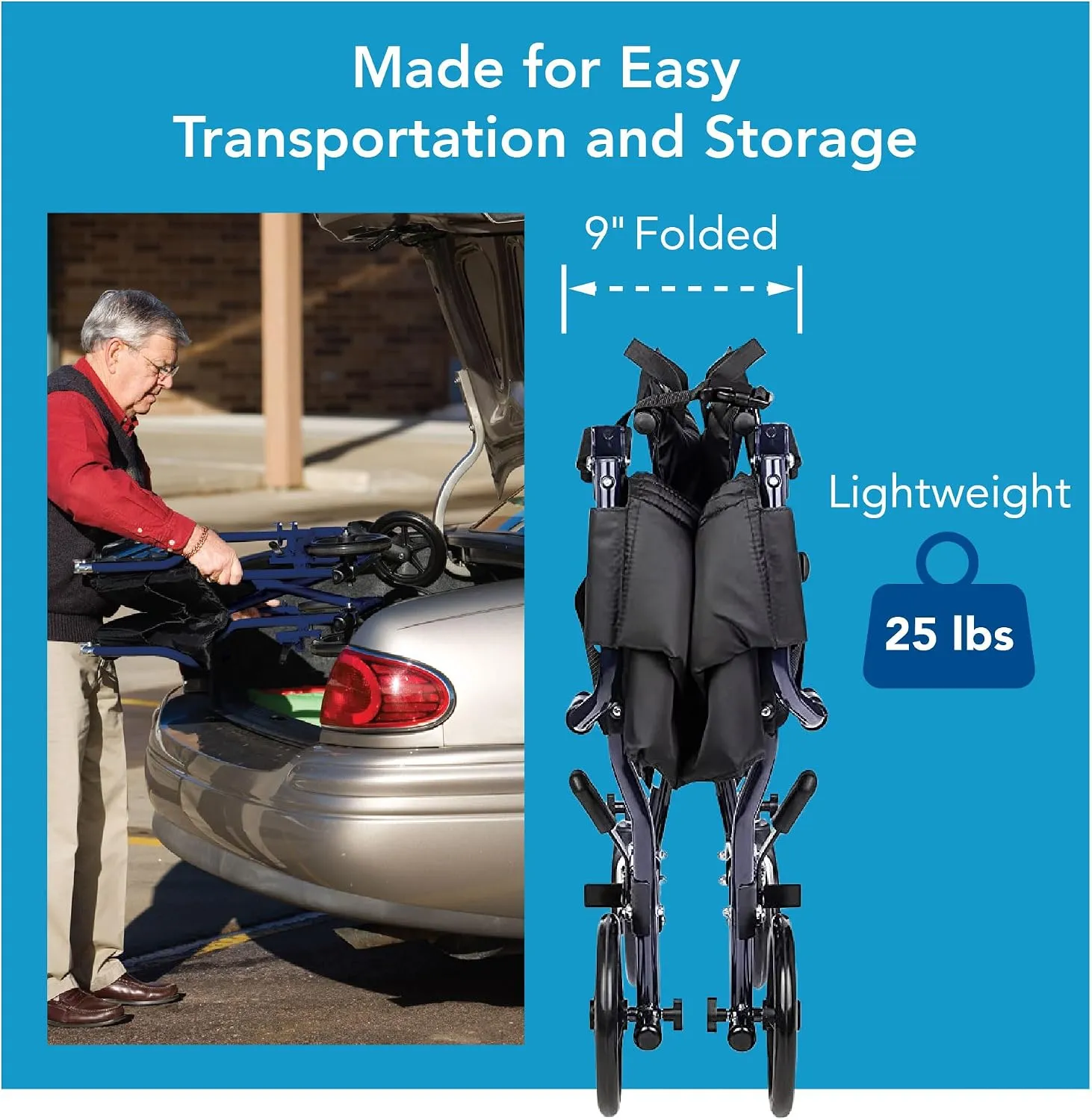 Carex Foldable Lightweight Transport Wheelchair 19" Seat - Image 5