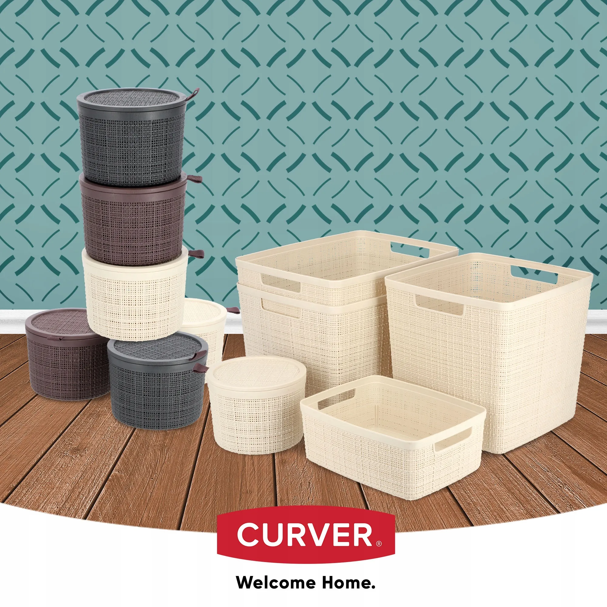 2 l „Curver“ džiuto apvalus krepšelis smulkiems daiktams, kreminės spalvos