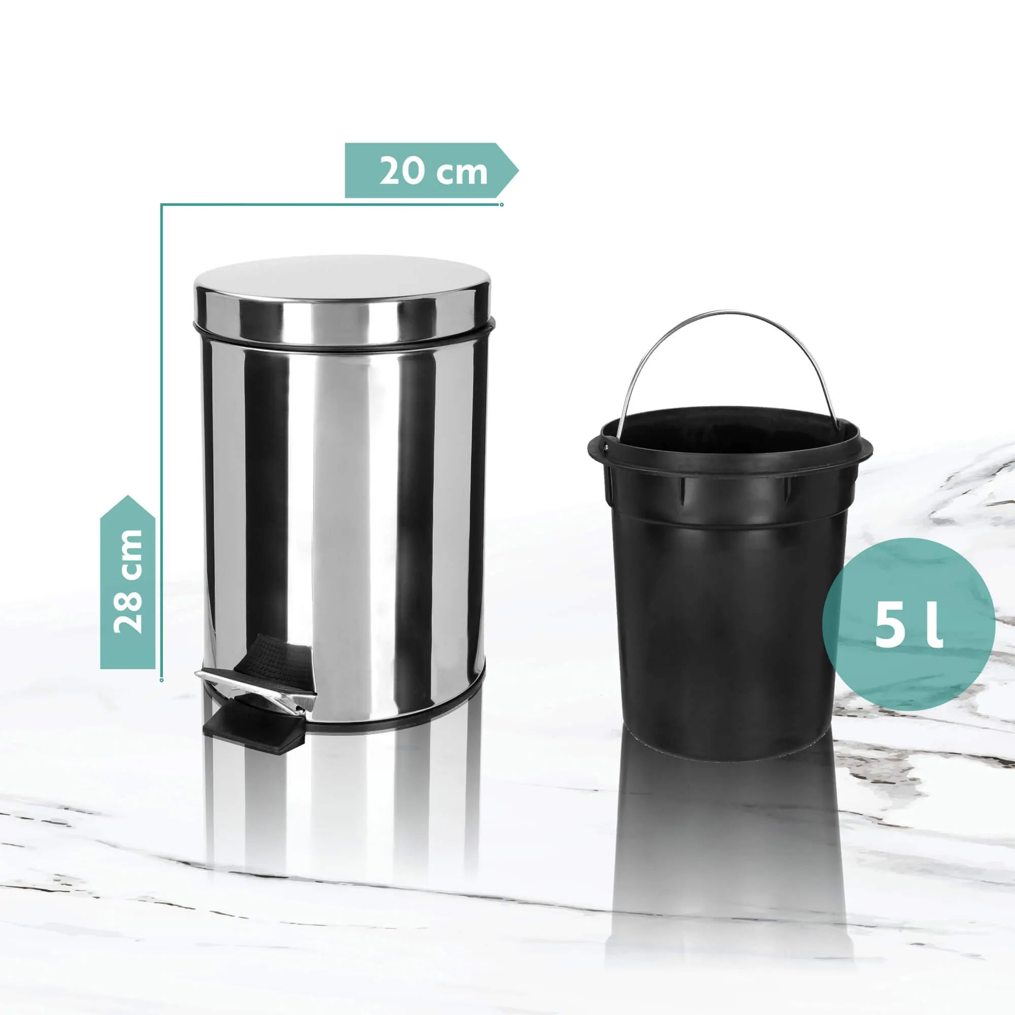 Plieninė šiukšliadėžė su pedalo atidarymu, 5 l