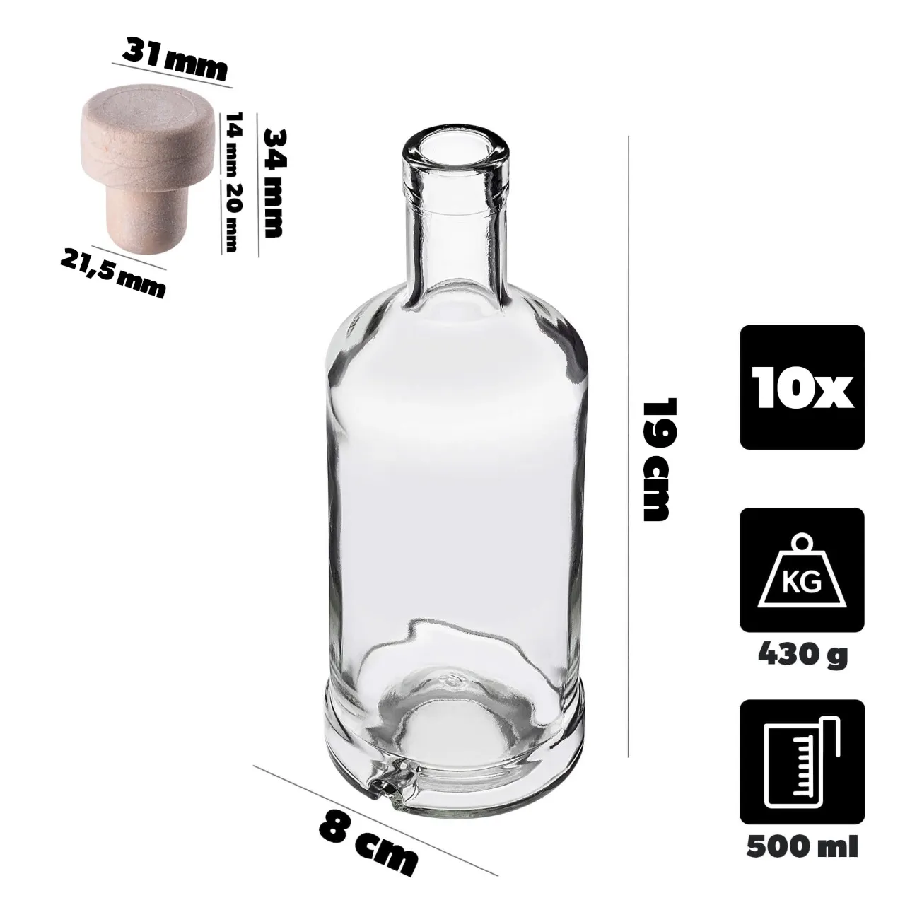 Tadek stikliniai alkoholio buteliai 500 ml su sintetiniu kamščiu, 10 vnt.