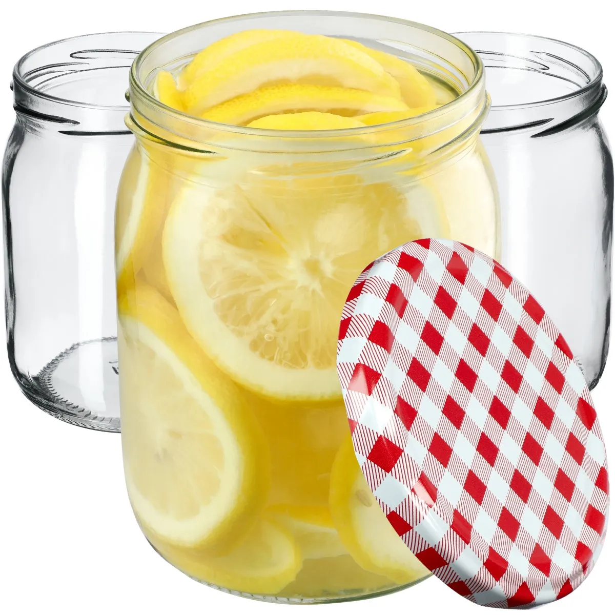 Senos stiklainiai 540 ml, 48 vnt., 82 mm + dangteliai su raudonu tinkleliu