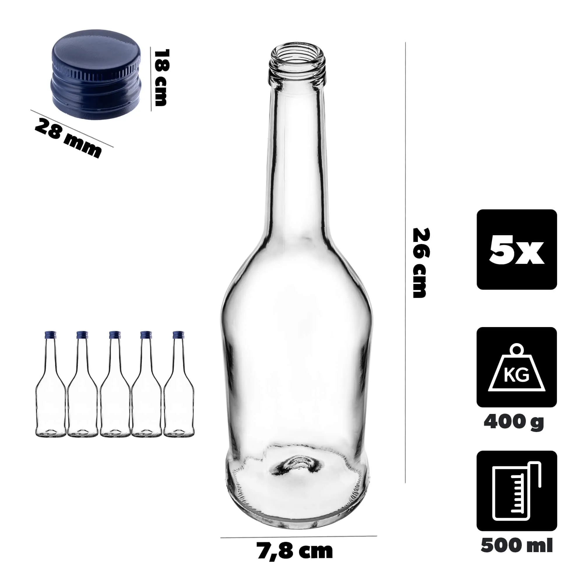 Stiklinis buteliukas Luarė tinktūrai 500 ml su tamsiai mėlynu dangteliu 5 vnt.