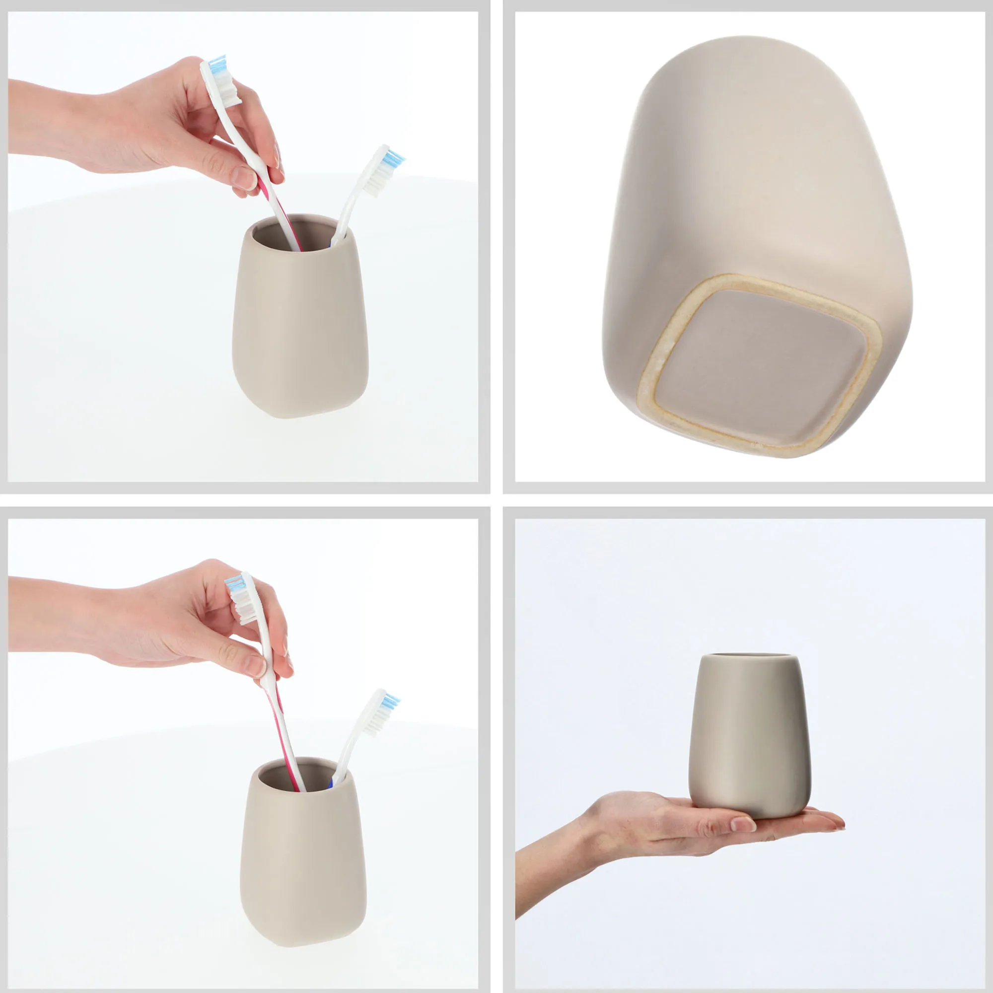 Vonios kambario komplektas: tualetinis šepetys + puodelis + dozatorius, smėlio spalvos