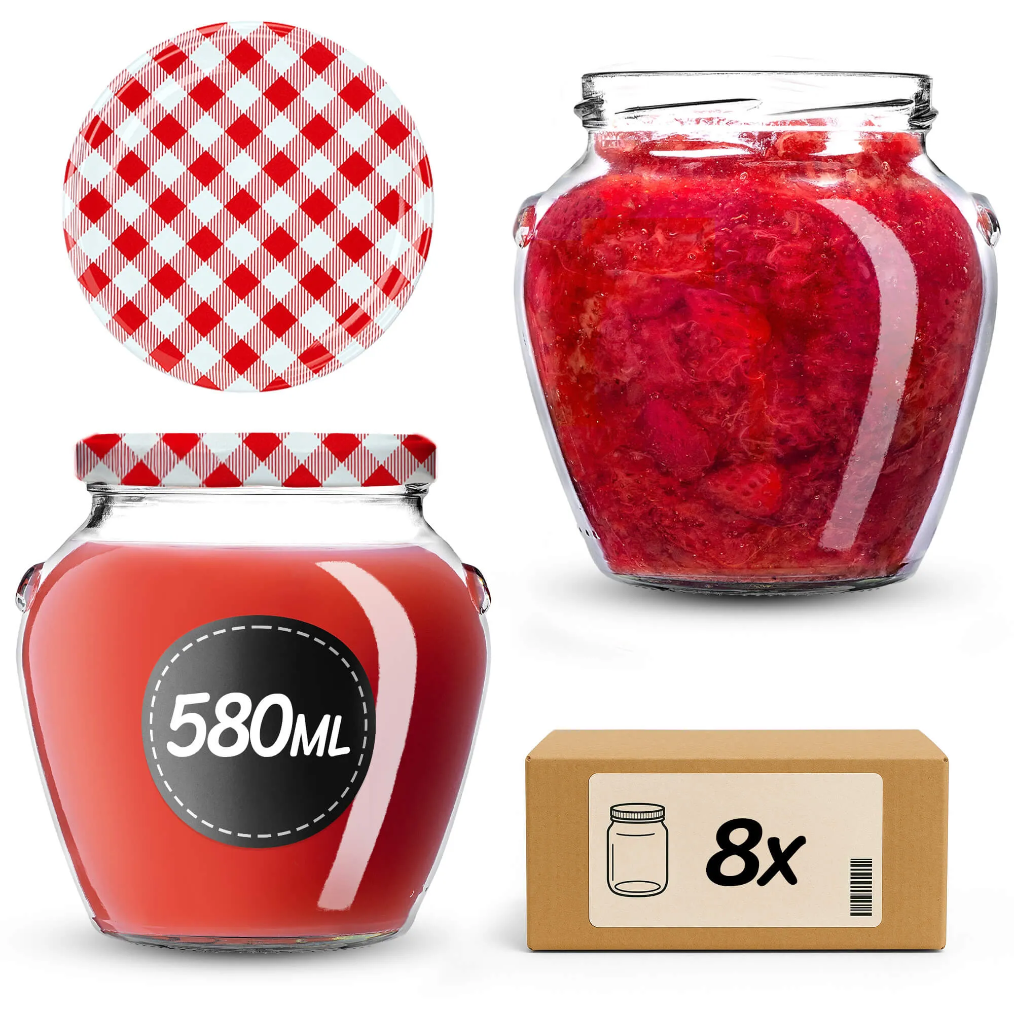 „Sassa“ konservavimo stiklainiai, 580 ml, 8 vnt., 82 mm, + raudoni tinklelio dangteliai