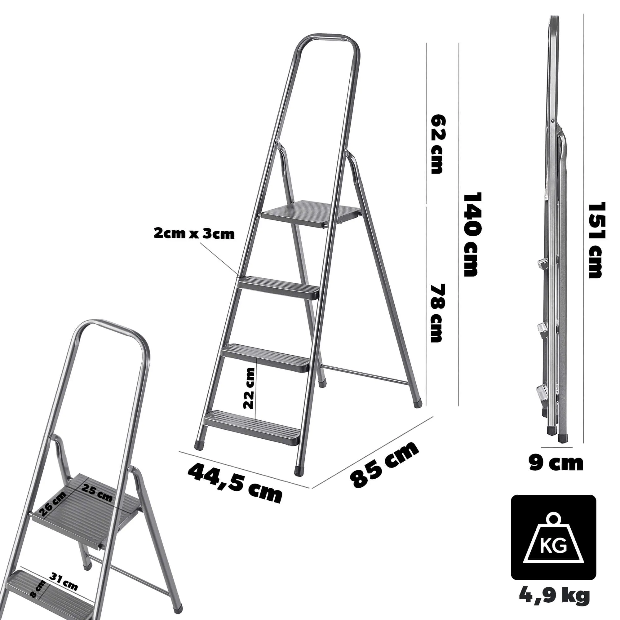 Plieninės kopėčios su platforma Ceriana 4 pakopų 125 kg