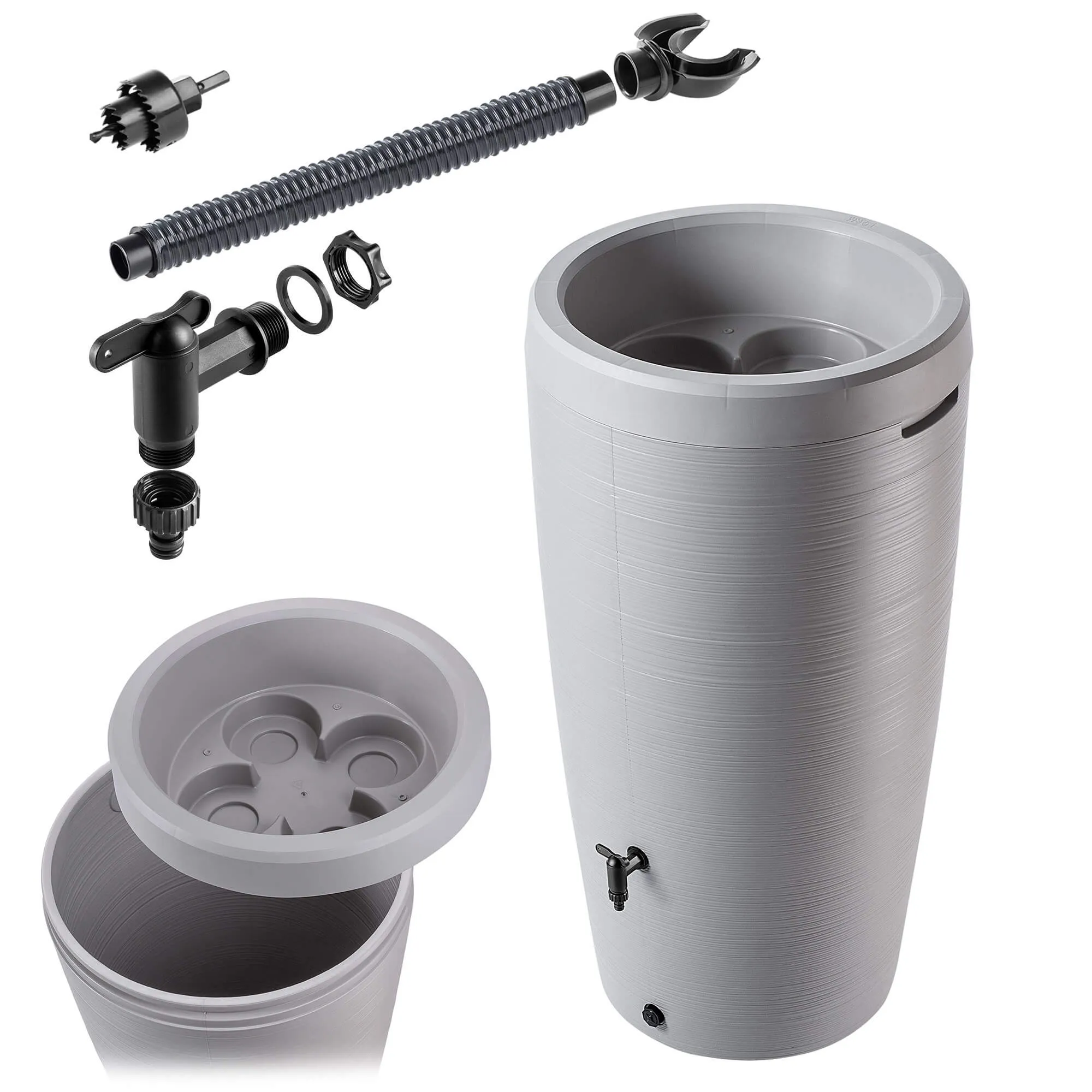 „Reveret“ 240 l lietaus vandens bakas su prijungimo komplektu, šviesiai pilkas, lygus