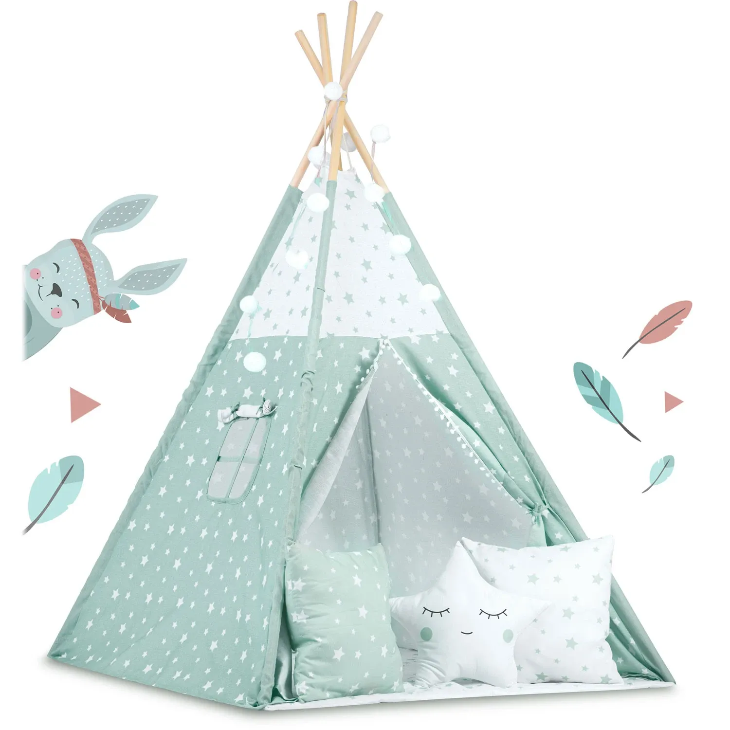 Vaikiška tipi palapinė su lemputėmis - mėtinė su žvaigždutėmis - nuotrauka 1
