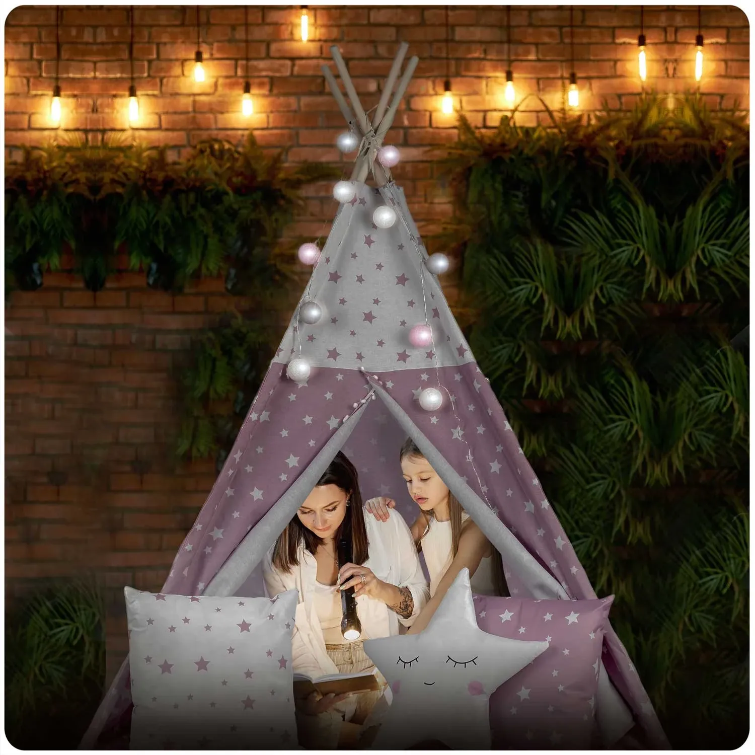 „Nukido Teepee“ palapinė su švieselėmis vaikams – rožinė su žvaigždėmis - nuotrauka 1