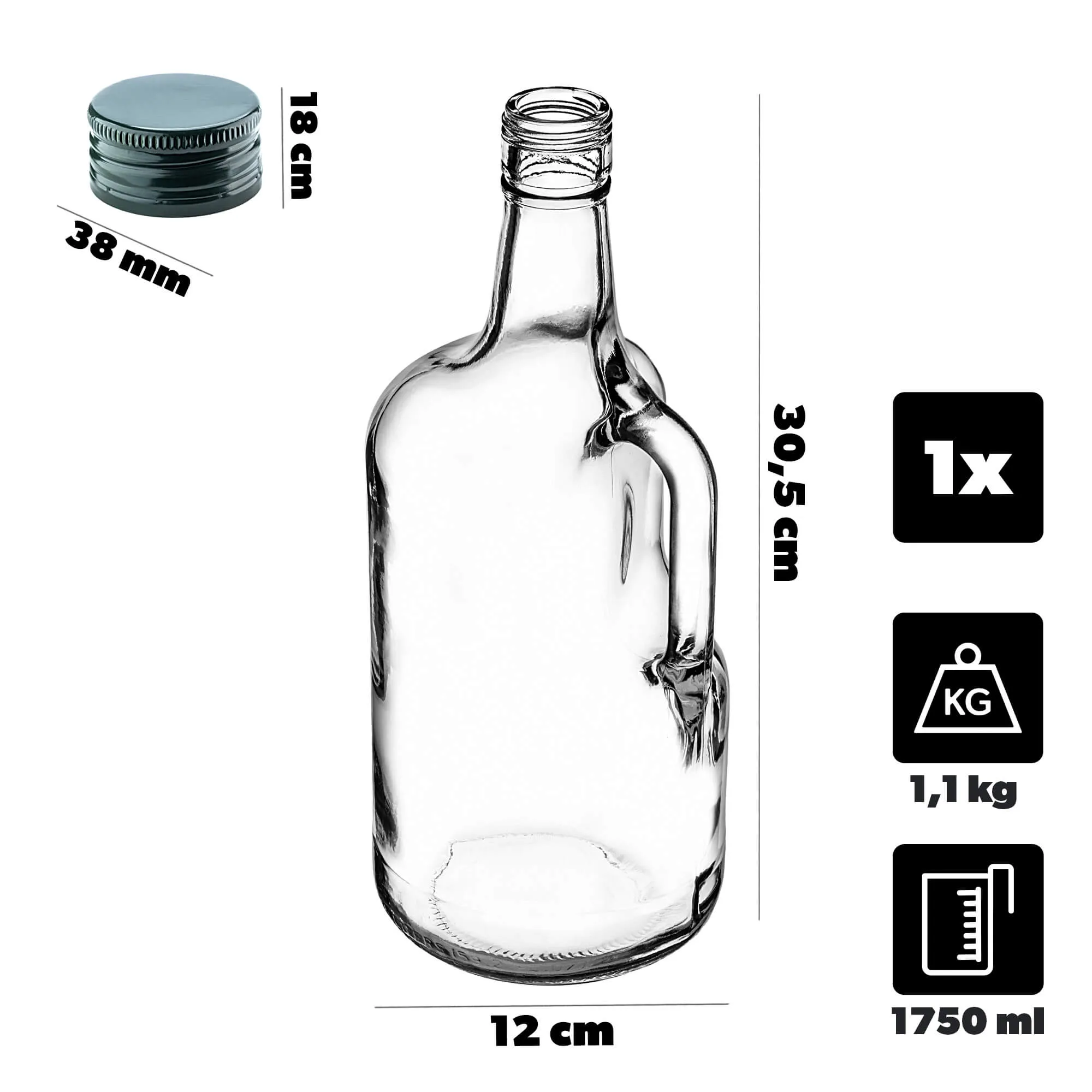 Boude stiklinis butelis su rankena 1750 ml su žaliu dangteliu 1 vnt.
