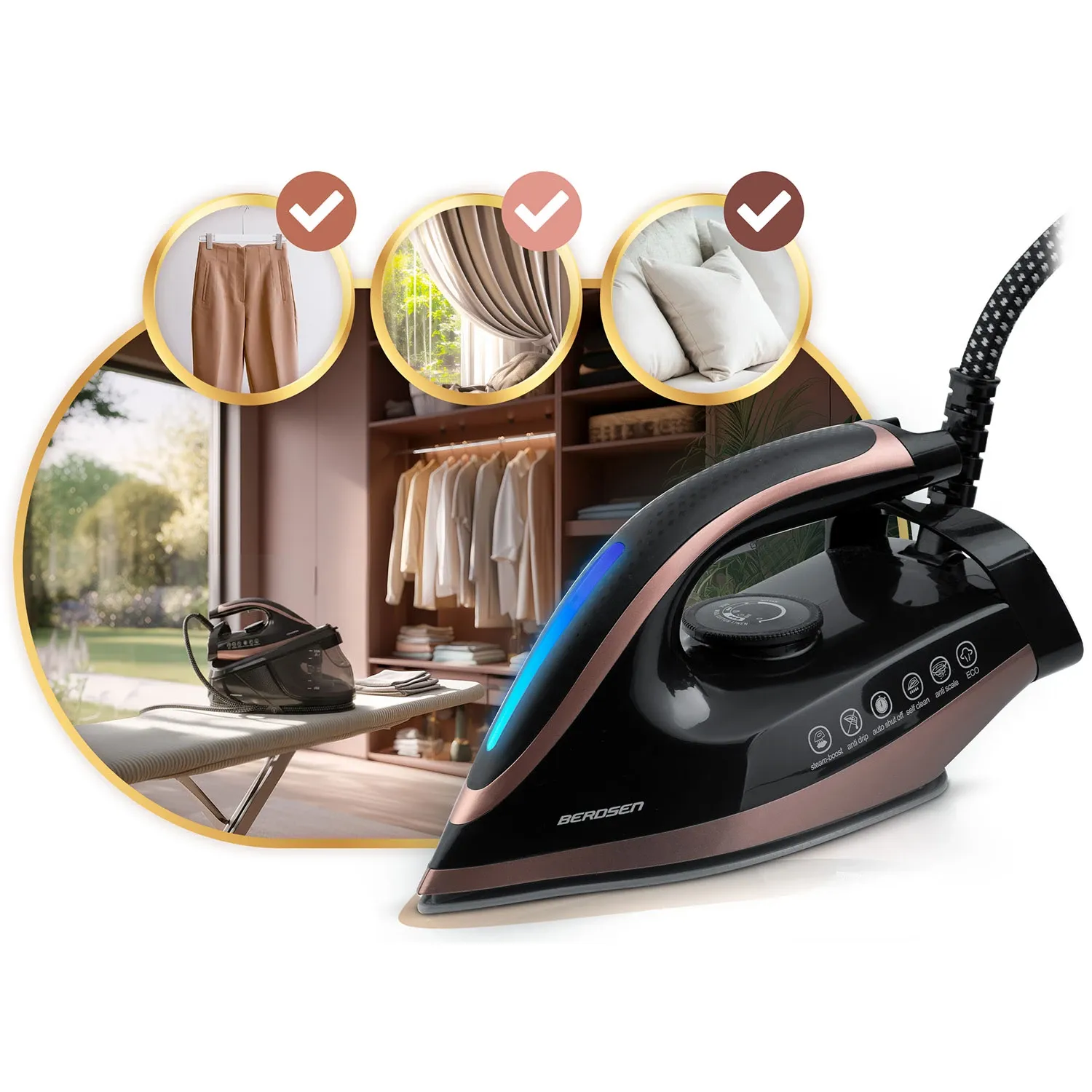 Garo stotelės lygintuvas su garų generatoriumi 3000 W, Berdsen BD-334, su keramine danga - nuotrauka 1