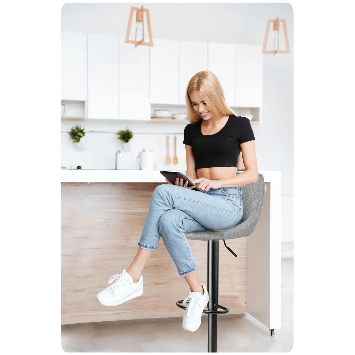 Nerra baro kėdė su atlošu, pilkas audinys - nuotrauka 1