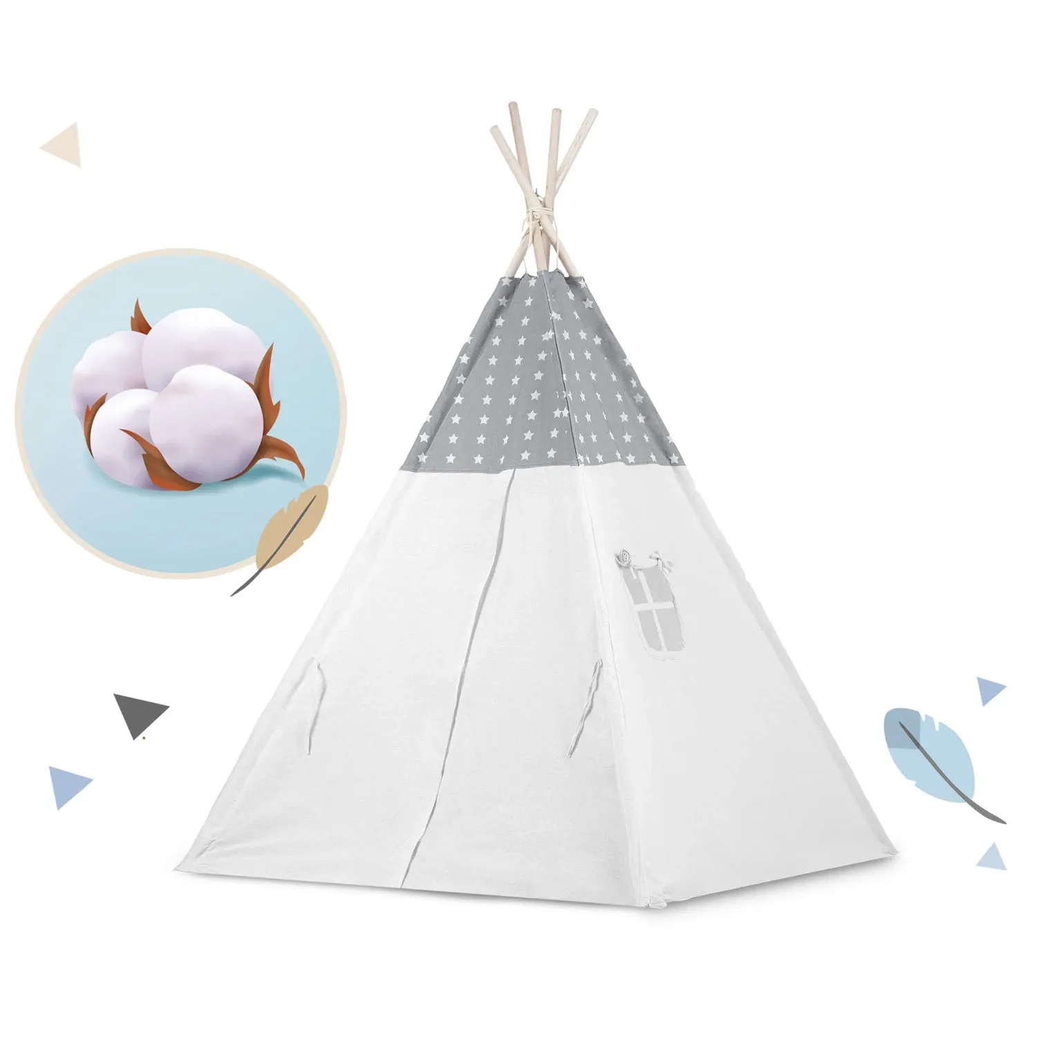 Vaikiška tipi palapinė su girlianda ir lemputėmis - šviesiai pilka su žvaigždutėmis - nuotrauka 1
