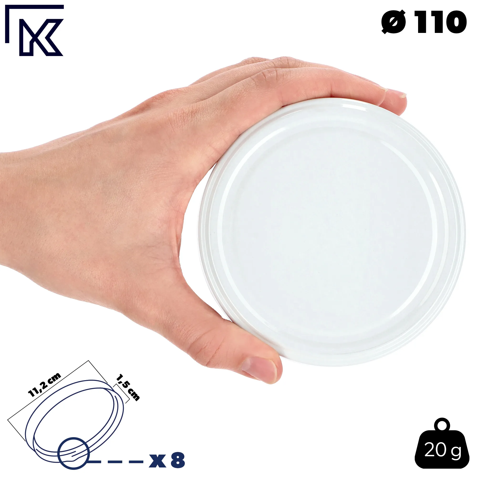 Stiklainių dangteliai, 10 vnt., 110 mm skersmens, balti