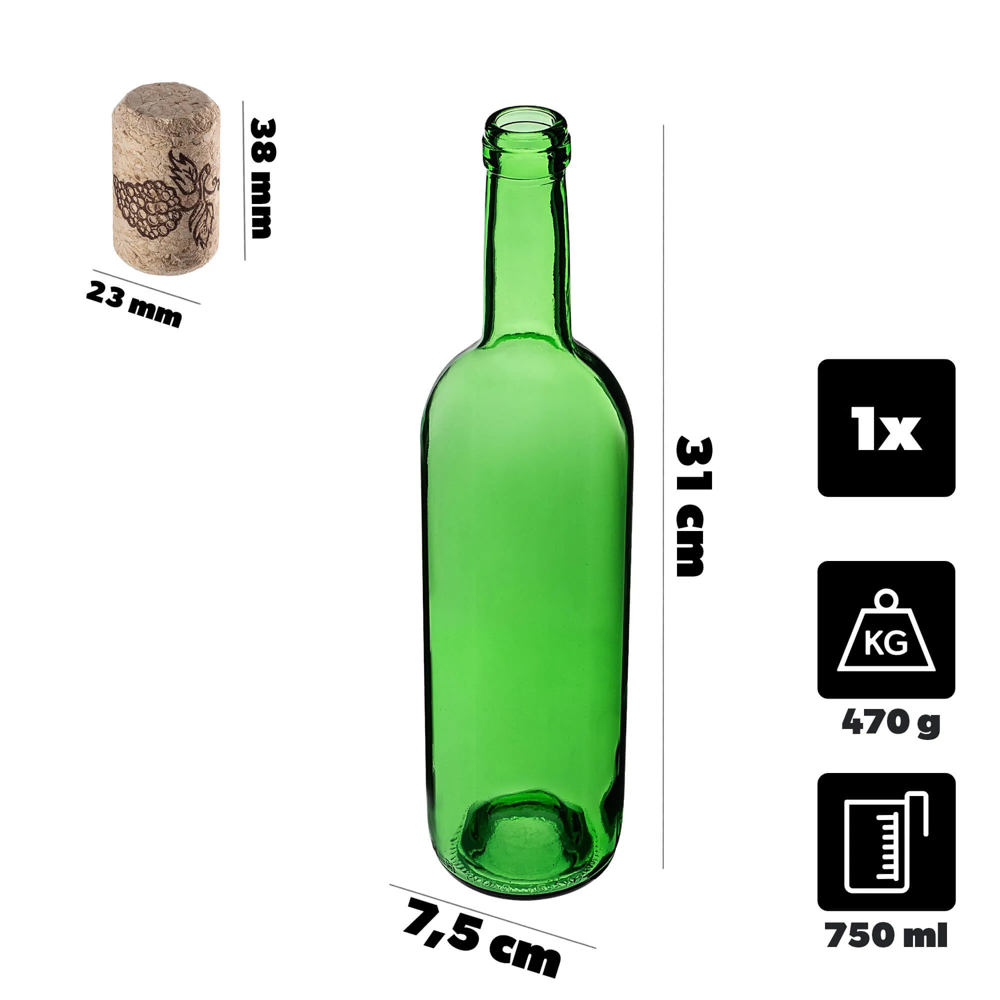 Biagio vyno butelis 750 ml žalias su aglomeruotu kamščiu 1 vnt.