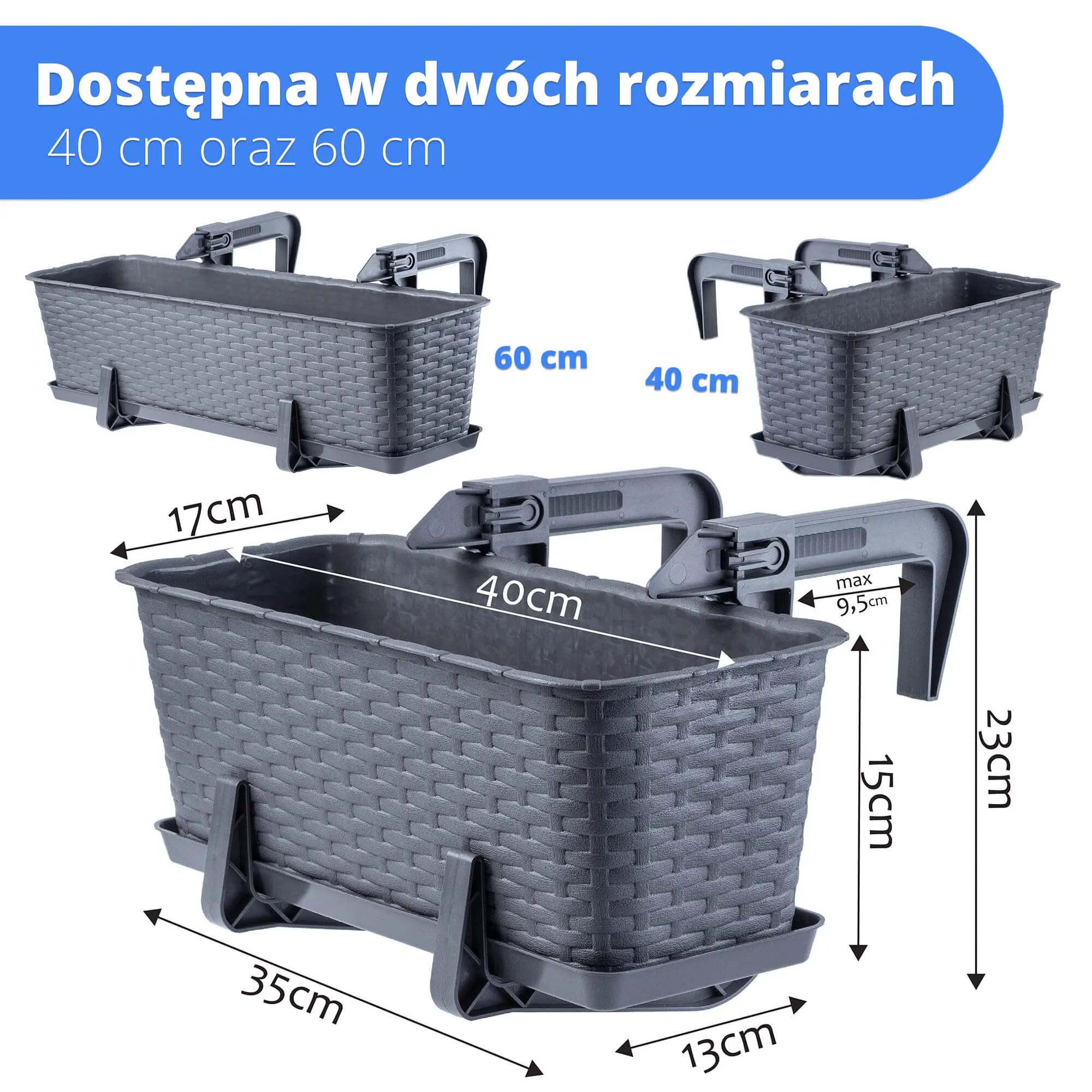 Rotango balkono dėžė su pagrindu ir rankenomis Frette 40 cm