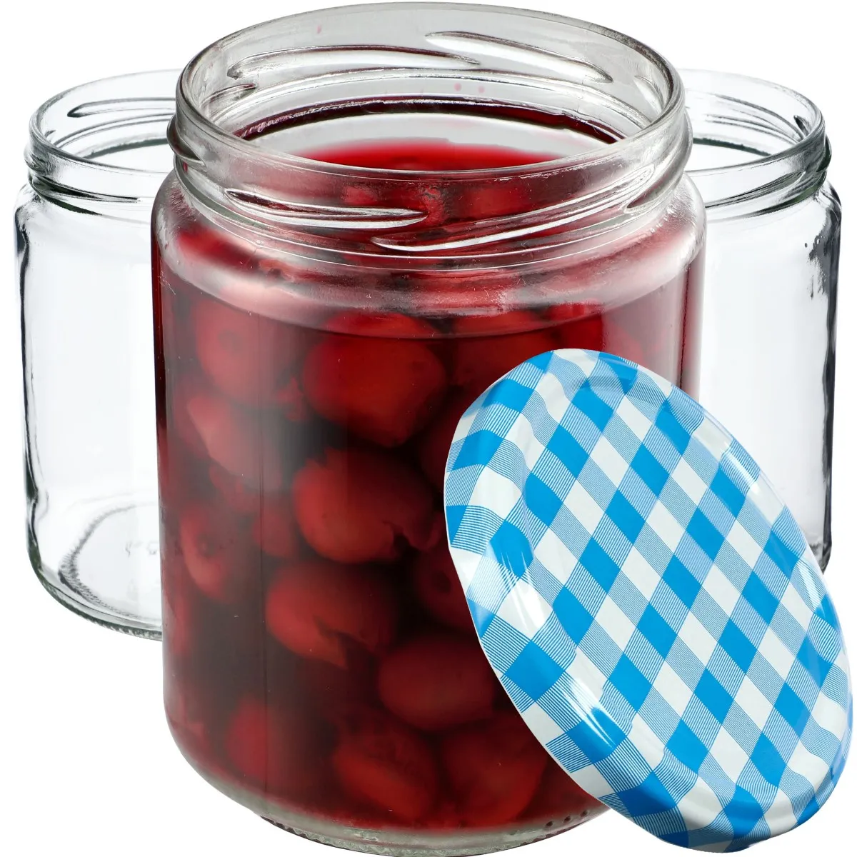 Maki konservavimo stiklainiai 540 ml, 48 vnt., 82 mm + mėlyni tinklelio dangteliai