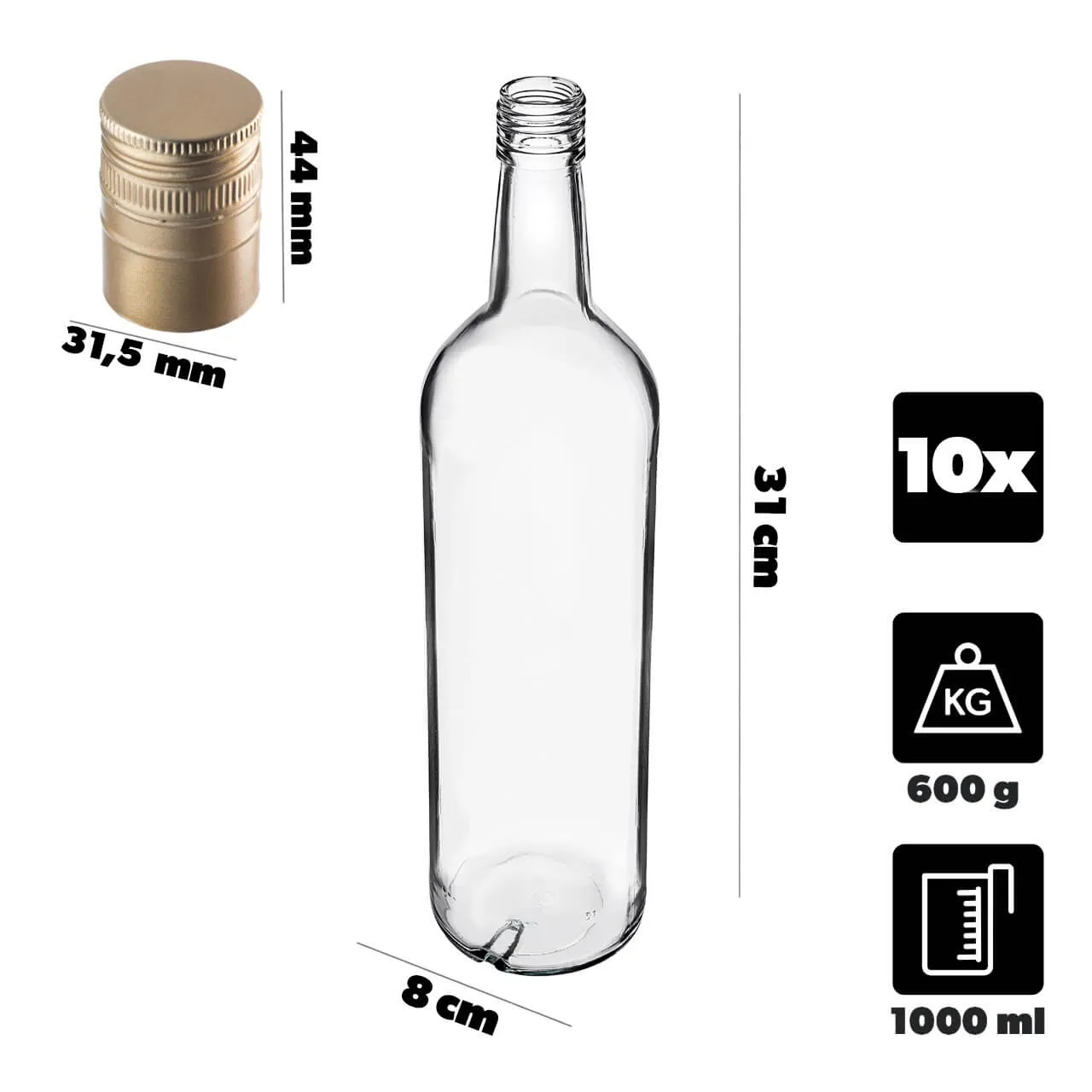 Monopol stikliniai buteliai 1000 ml su ilgu auksiniu dangteliu, 10 vnt.