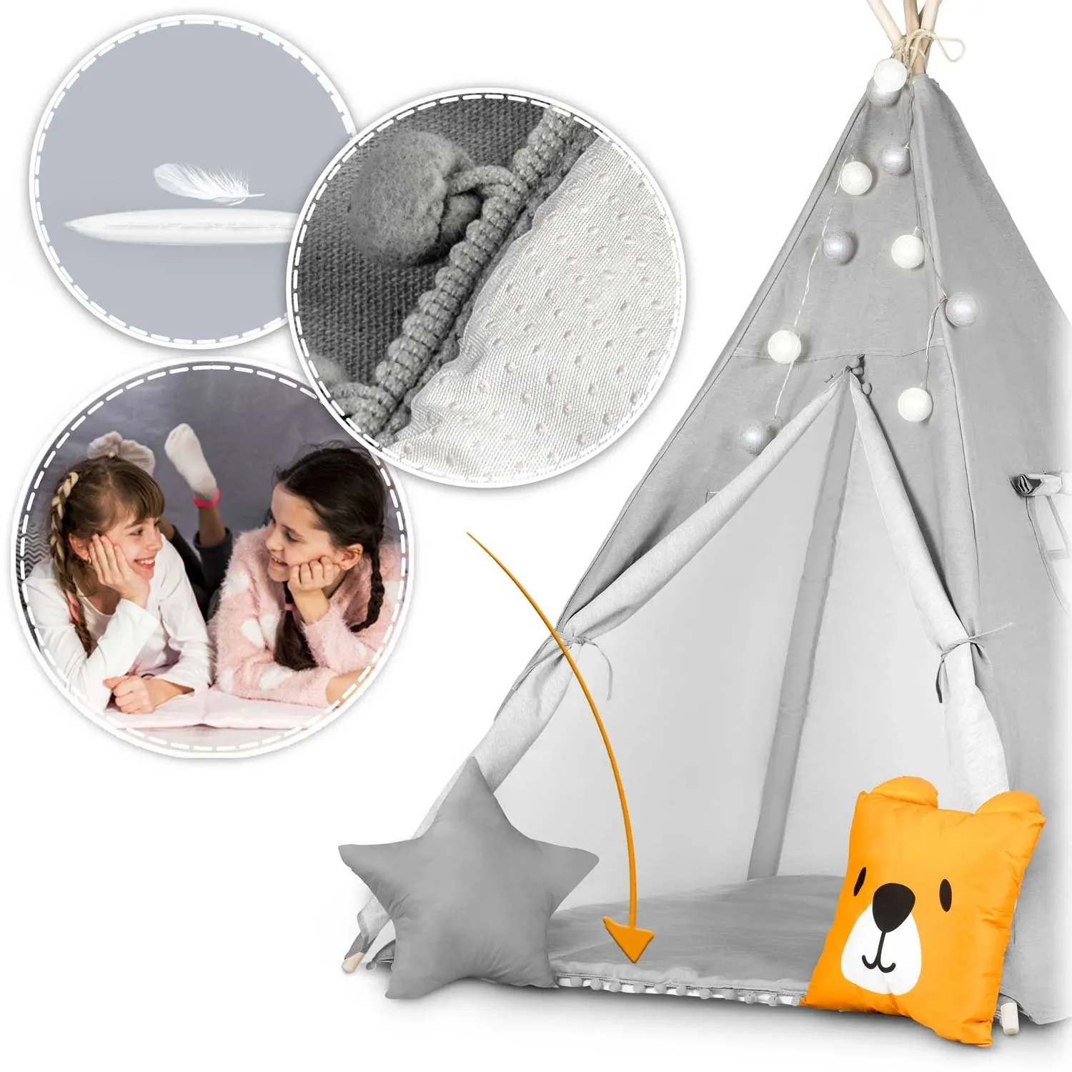 Vaikiška tipi palapinė su girlianda ir lemputėmis - pilka - nuotrauka 1