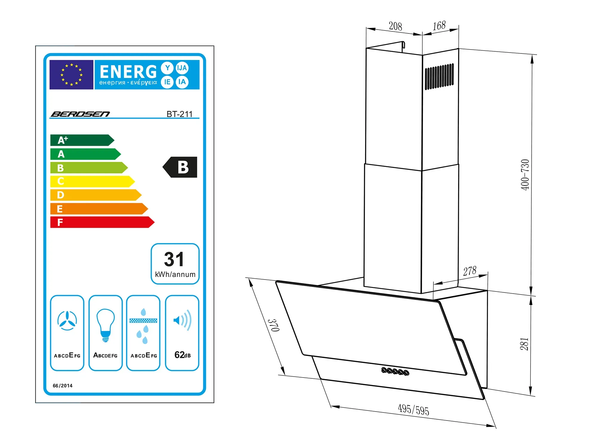 Berdsen BT-211 60 cm kamino formos viryklės gartraukis, juodas - nuotrauka 1