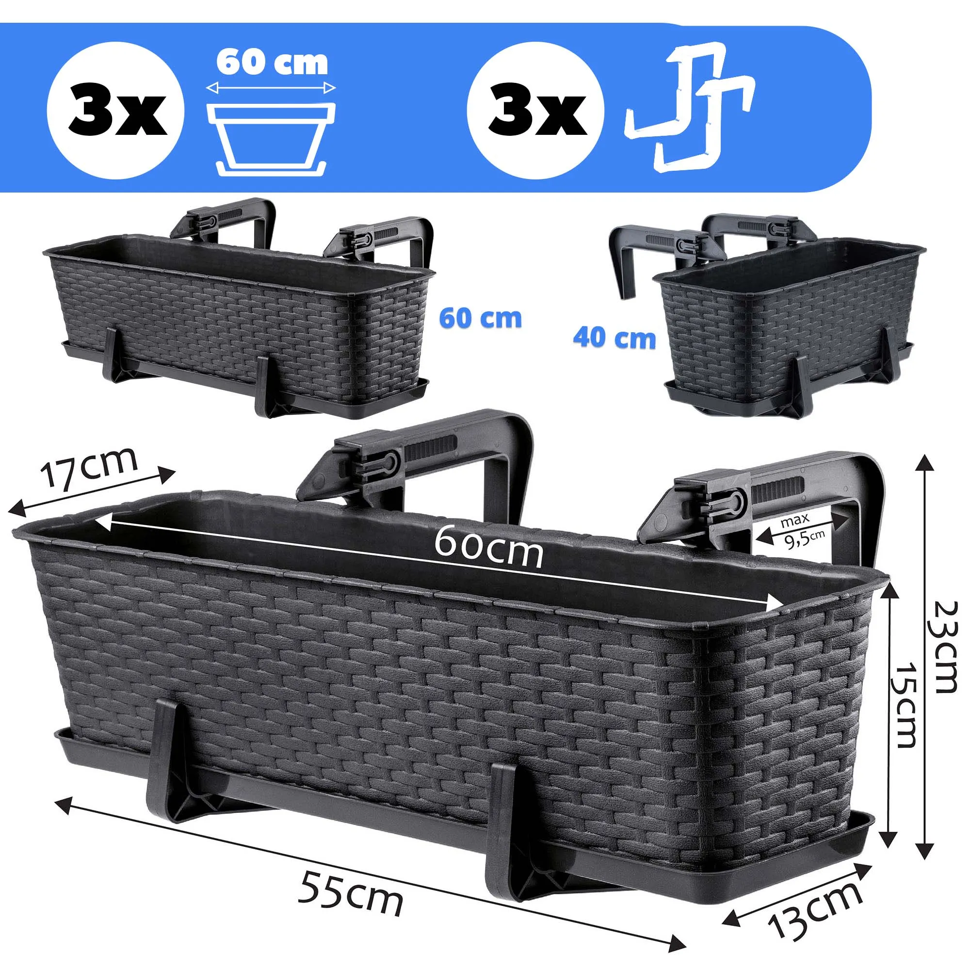 Balkono dėžė su rankenomis Castro antracito spalvos 60 cm