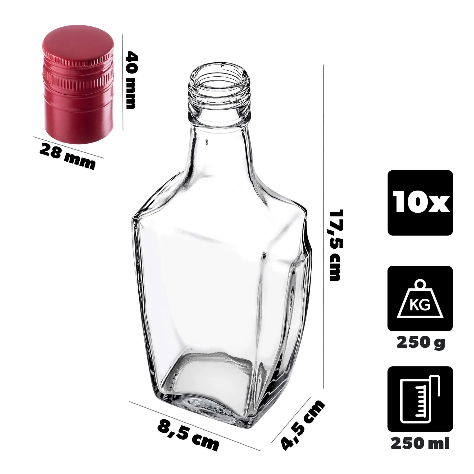 Faenza stikliniai tinktūros buteliukai 250 ml su ilgu raudonu dangteliu, 10 vnt.