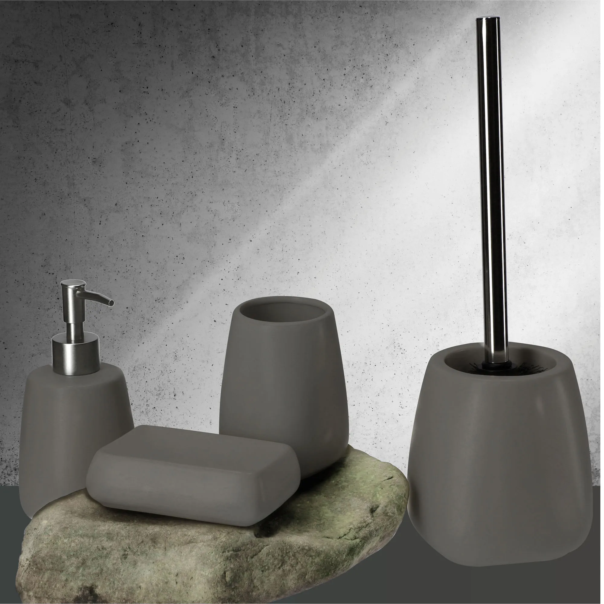 Vonios kambario komplektas: tualetinis šepetys + puodelis + dozatorius, pilkas