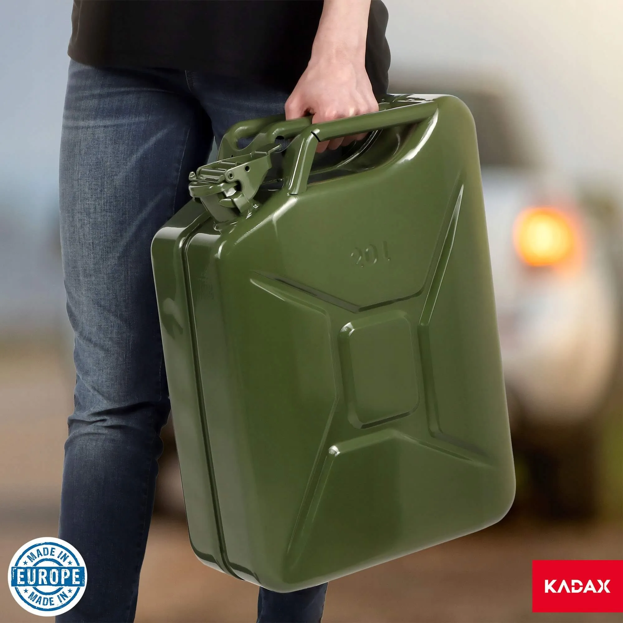 Plieninis kuro kanistras su 3 rankenomis, 20 l + 25 cm piltuvėlis, žalias