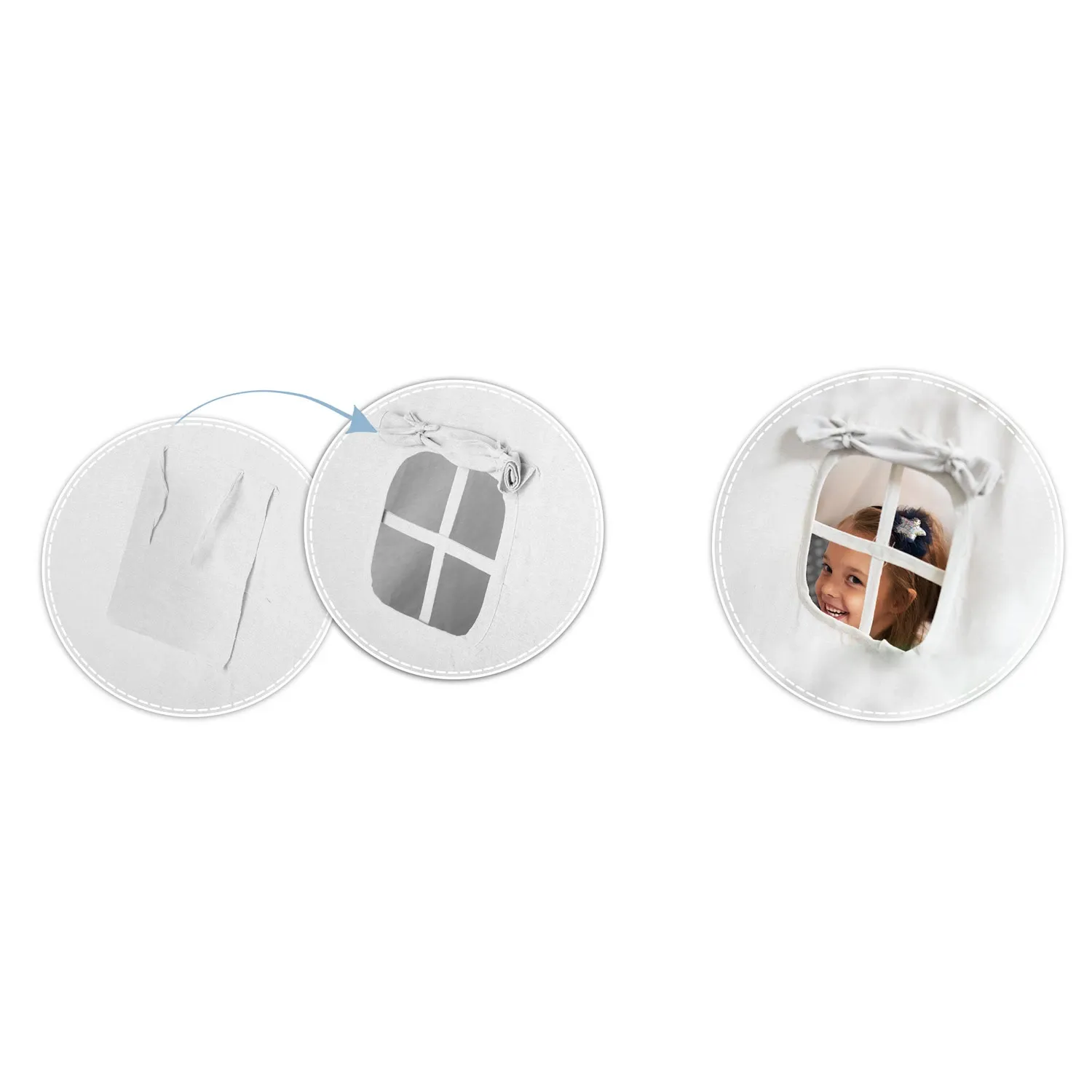 Vaikiška tipi palapinė su girlianda ir lemputėmis - šviesiai pilka su debesėliais - nuotrauka 1