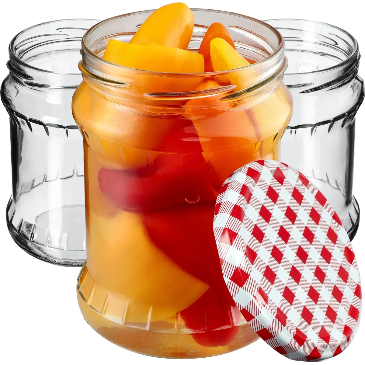 Kisko konservavimo stiklainiai 500 ml, 16 vnt., 82 mm + dangteliai su raudonomis grotelėmis