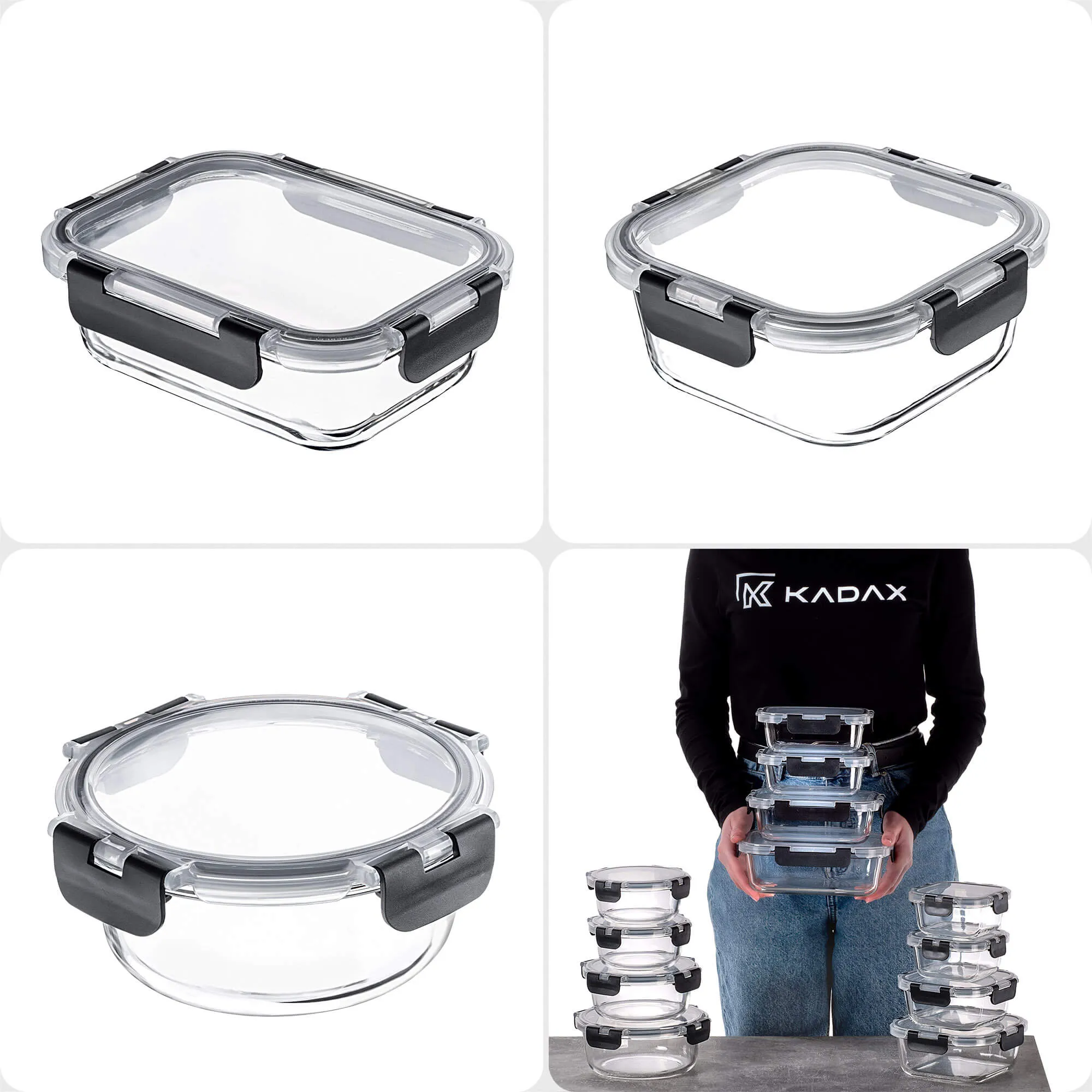 12 juodų Termoli stiklinių indelių su dangteliais rinkinys