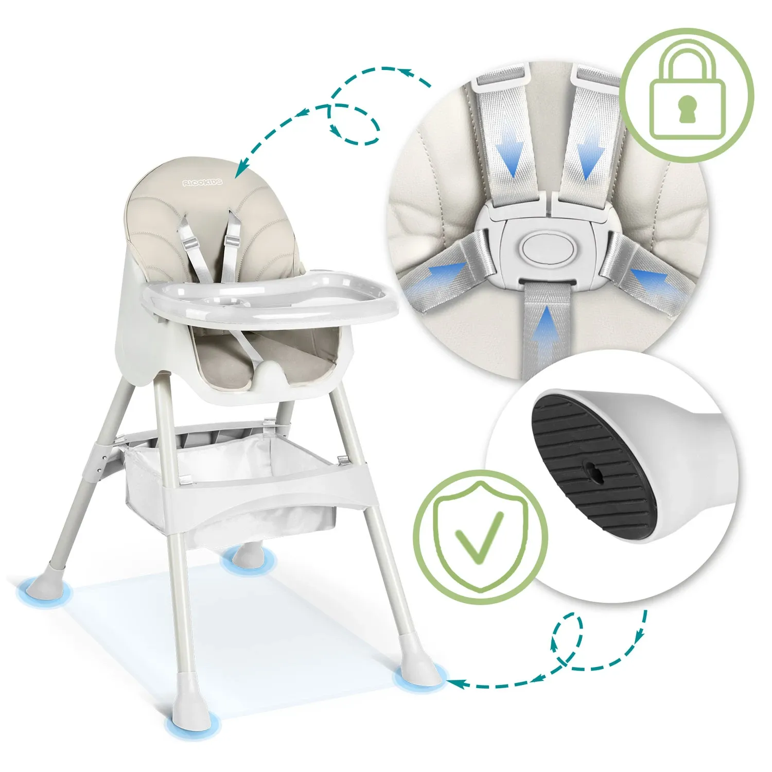 Milo Ricokids maitinimo kėdutė su staliuku ir seilinuku, pilka - nuotrauka 1