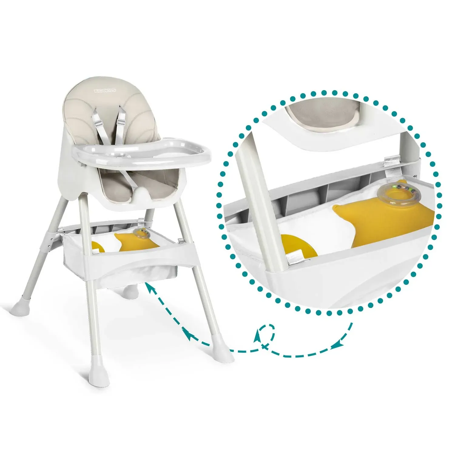 Milo Ricokids maitinimo kėdutė su staliuku ir seilinuku, pilka - nuotrauka 1