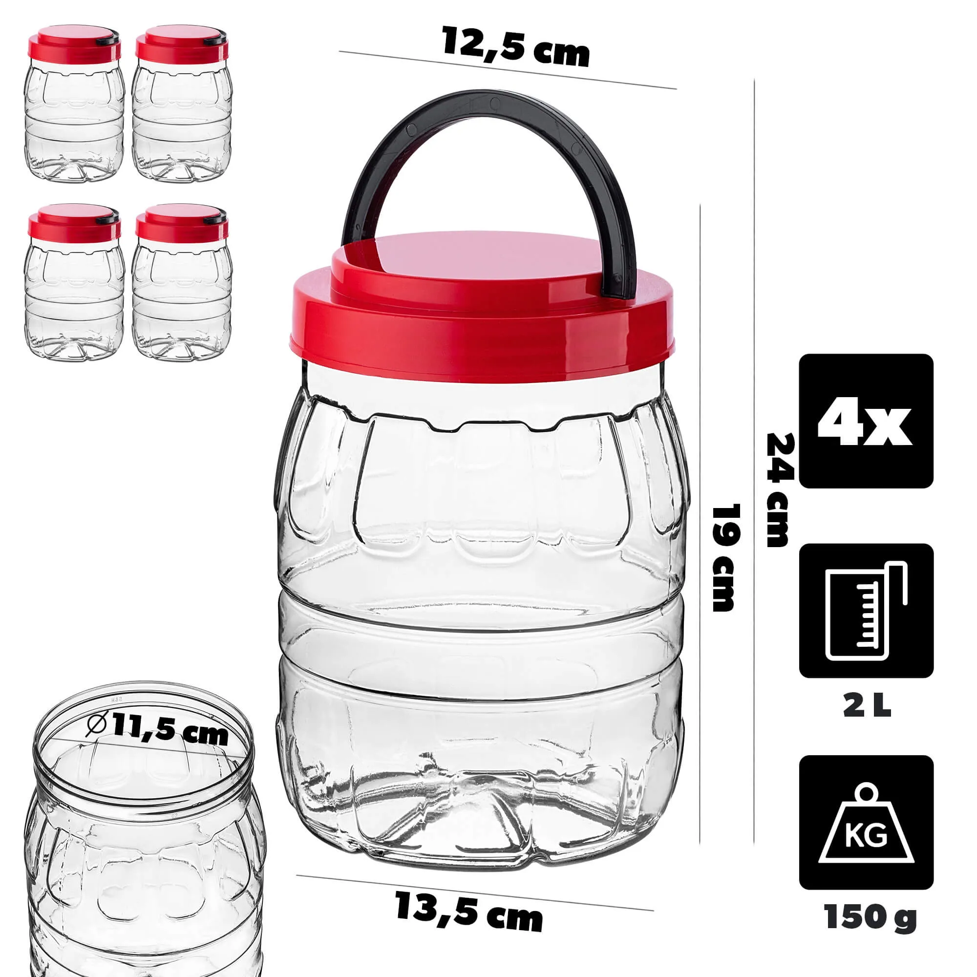 PET indeliai su užsukamu dangteliu ir rankena „Riccia universal“ 2 l, 4 vnt.