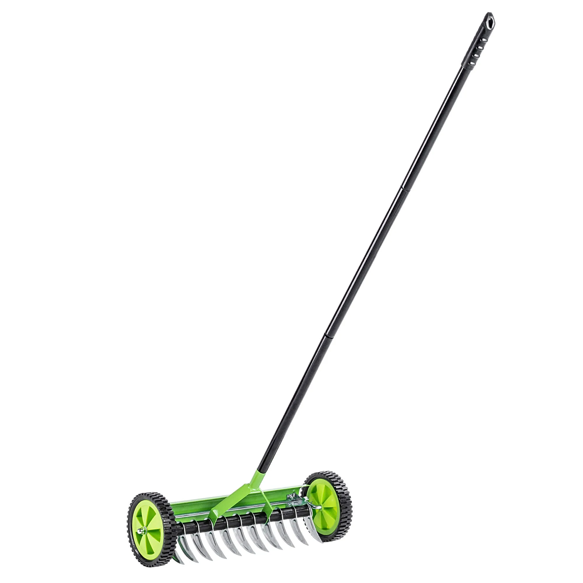 Rovigo vienpusis rankinis vejos aeratorius ant ratukų, 130 x 48 cm, žalias