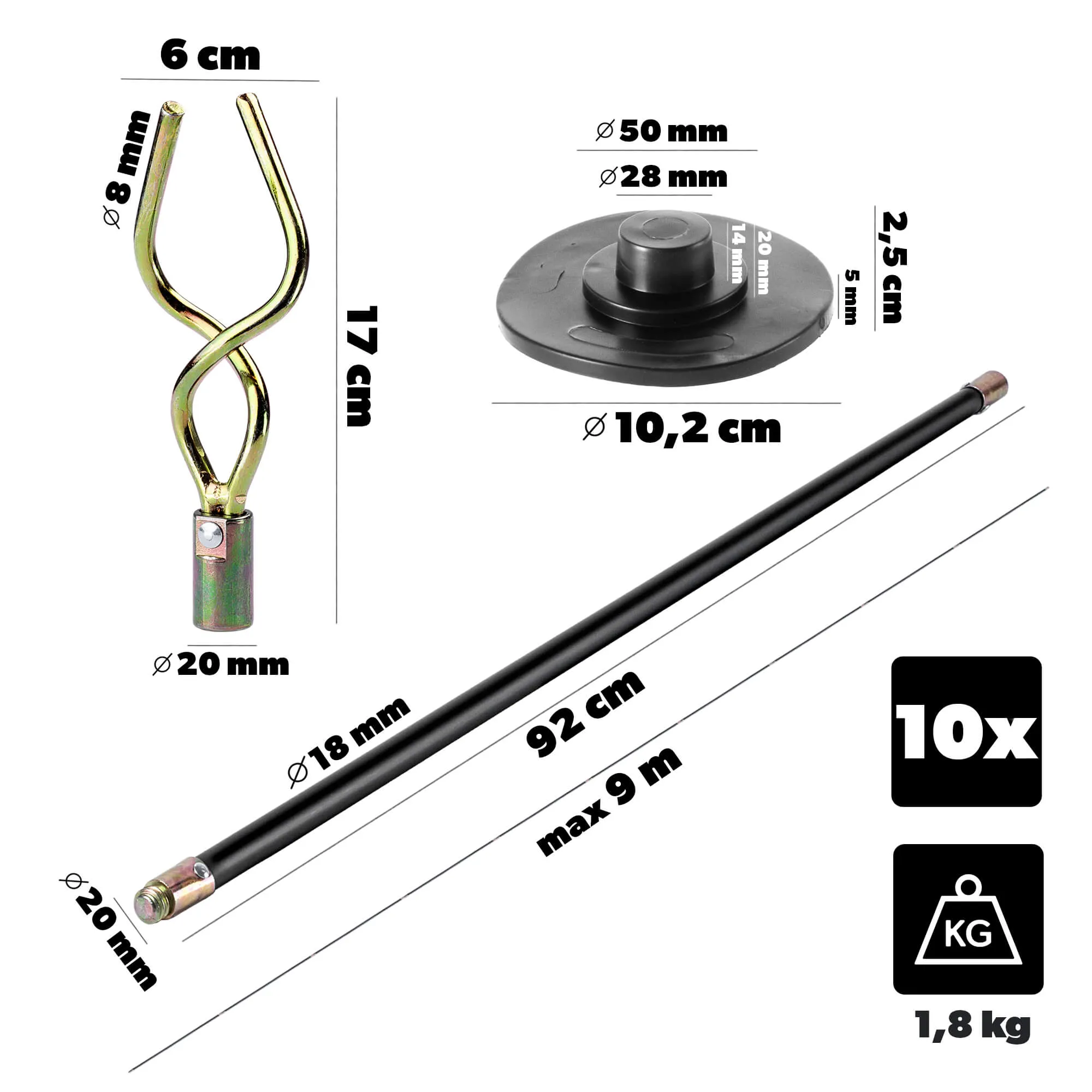 10 Riglon kanalizacijos atkimšimo strypų rinkinys, 9 m, juodi