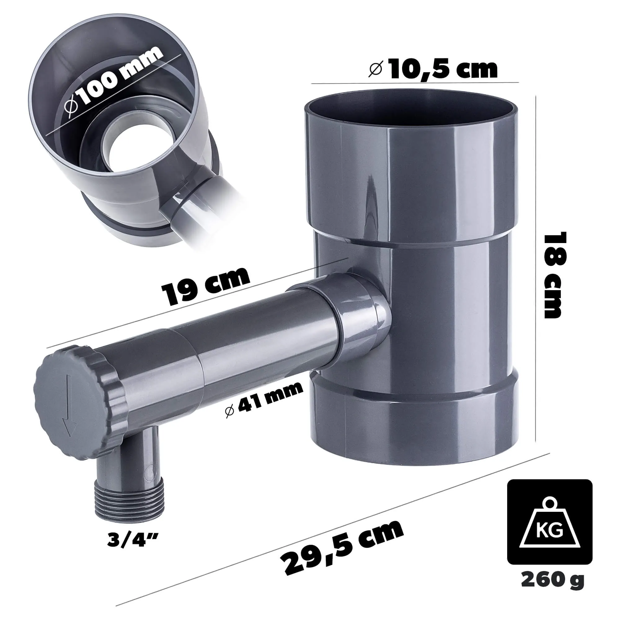 Nancras lietaus vandens kolektorius su vožtuvu, 100 mm, pilkas