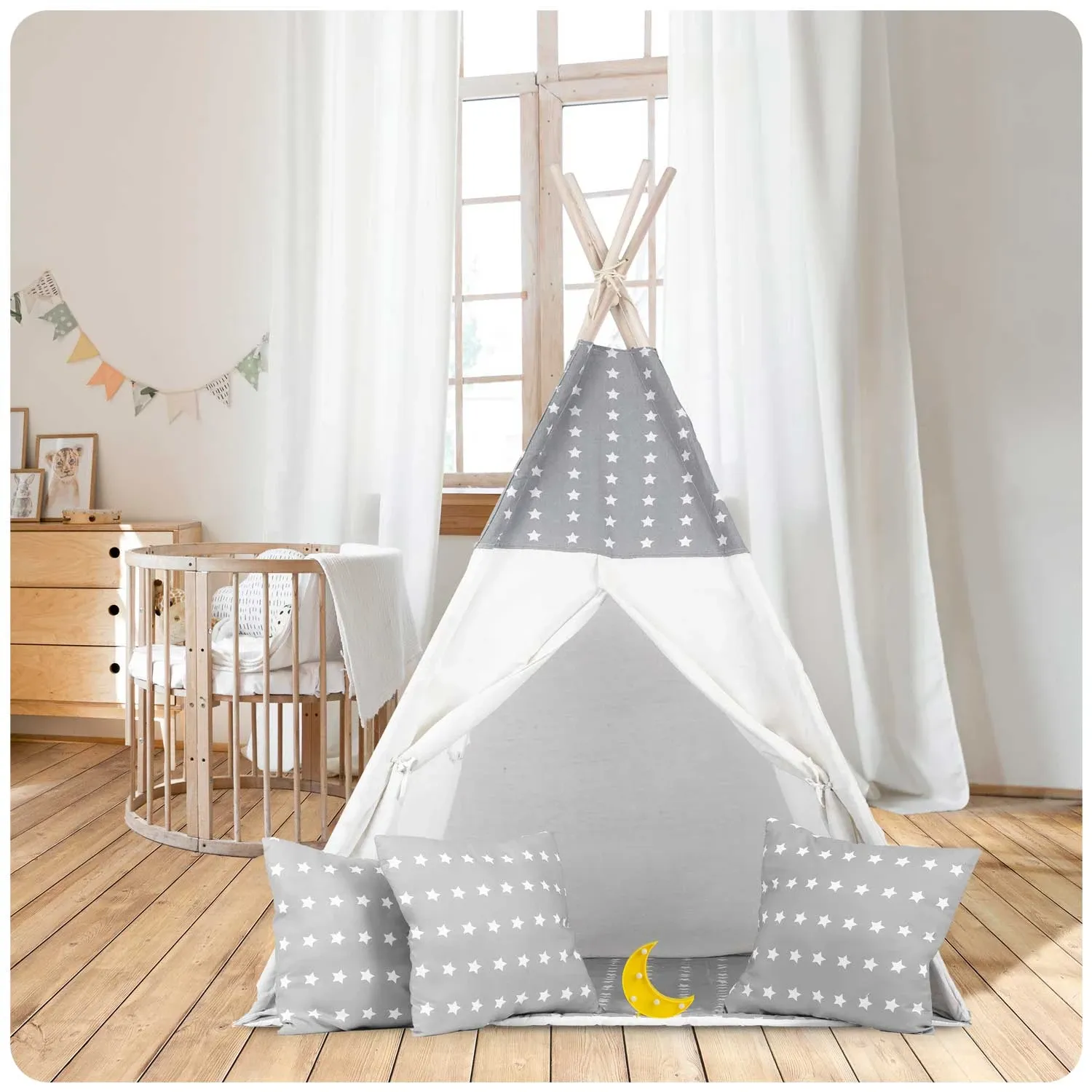 Vaikiška tipi palapinė su girlianda ir lemputėmis - šviesiai pilka su žvaigždutėmis - nuotrauka 1