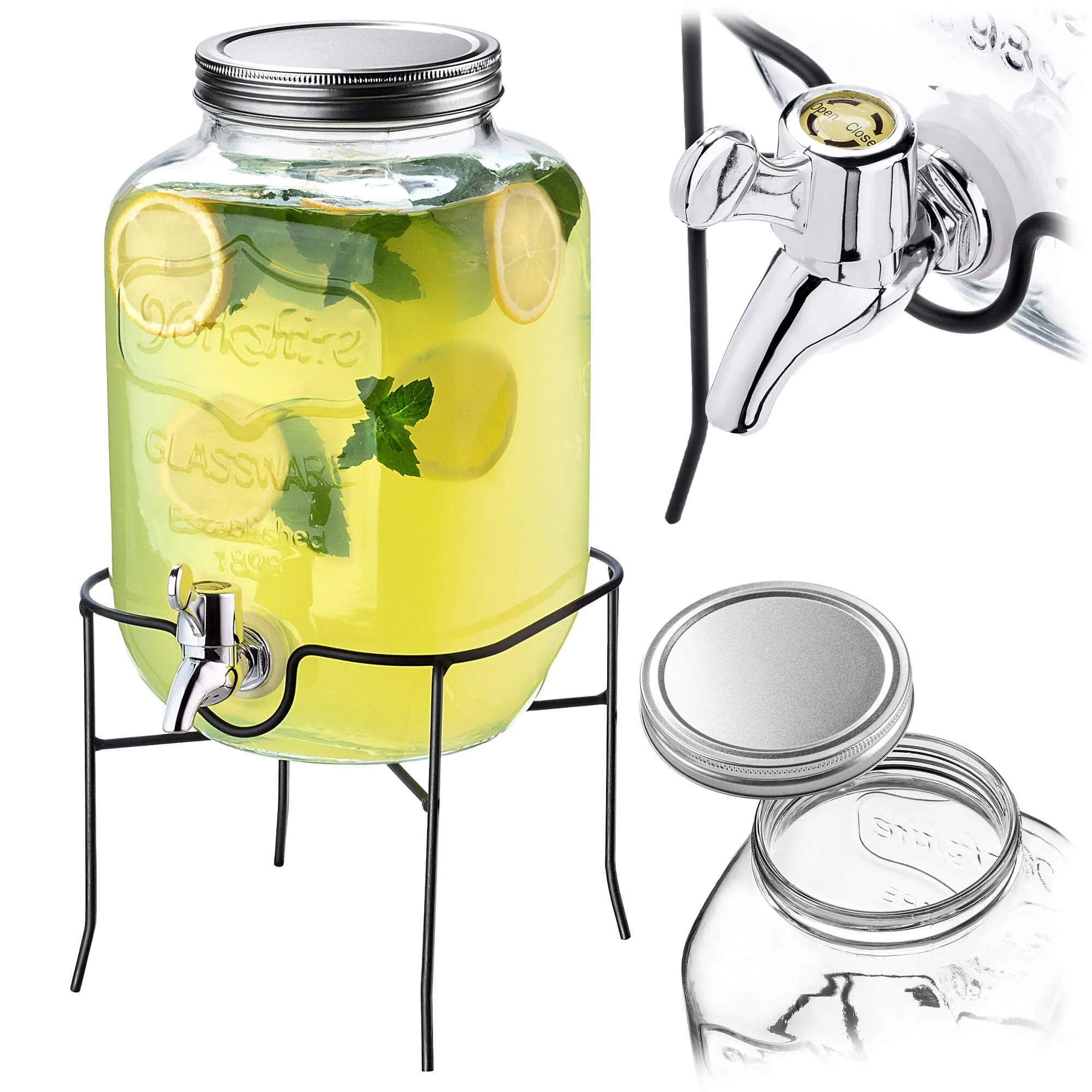 Mesagne stiklainis su čiaupu šaltiems gėrimams ir limonadui 4 l su stovu