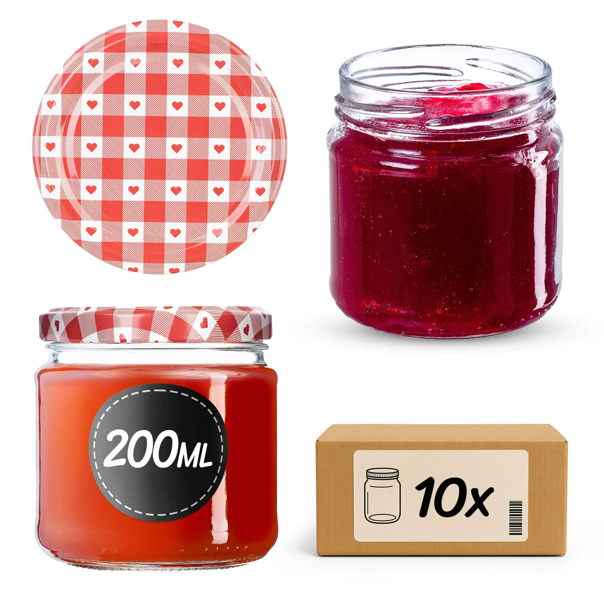 Lerma konservavimo stiklainiai 200 ml 10 vnt. 66 mm + dangteliai „Raudonos grotelės su širdelėmis“