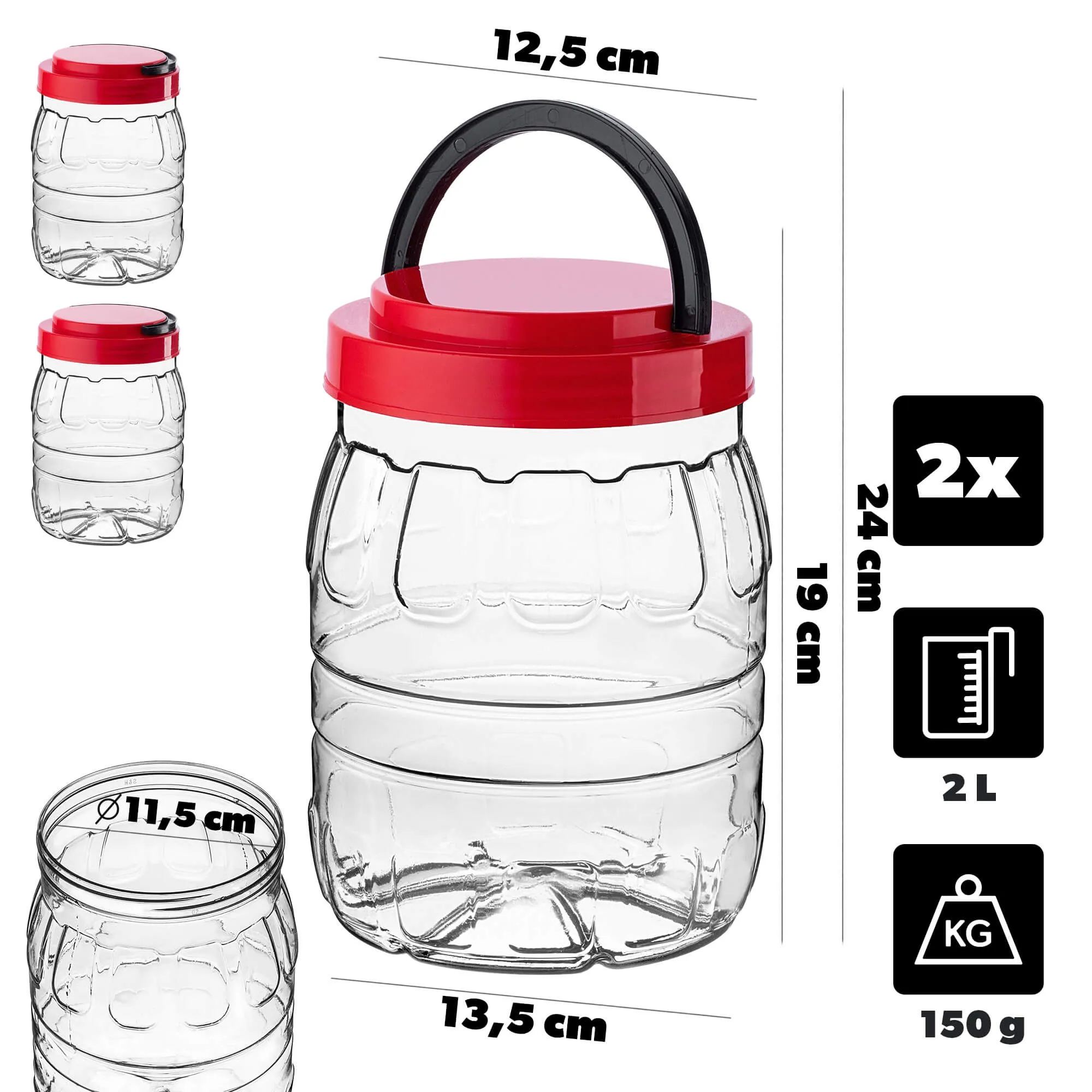 PET indeliai su užsukamu dangteliu ir rankena „Riccia universal“ 2 l, 2 vnt.