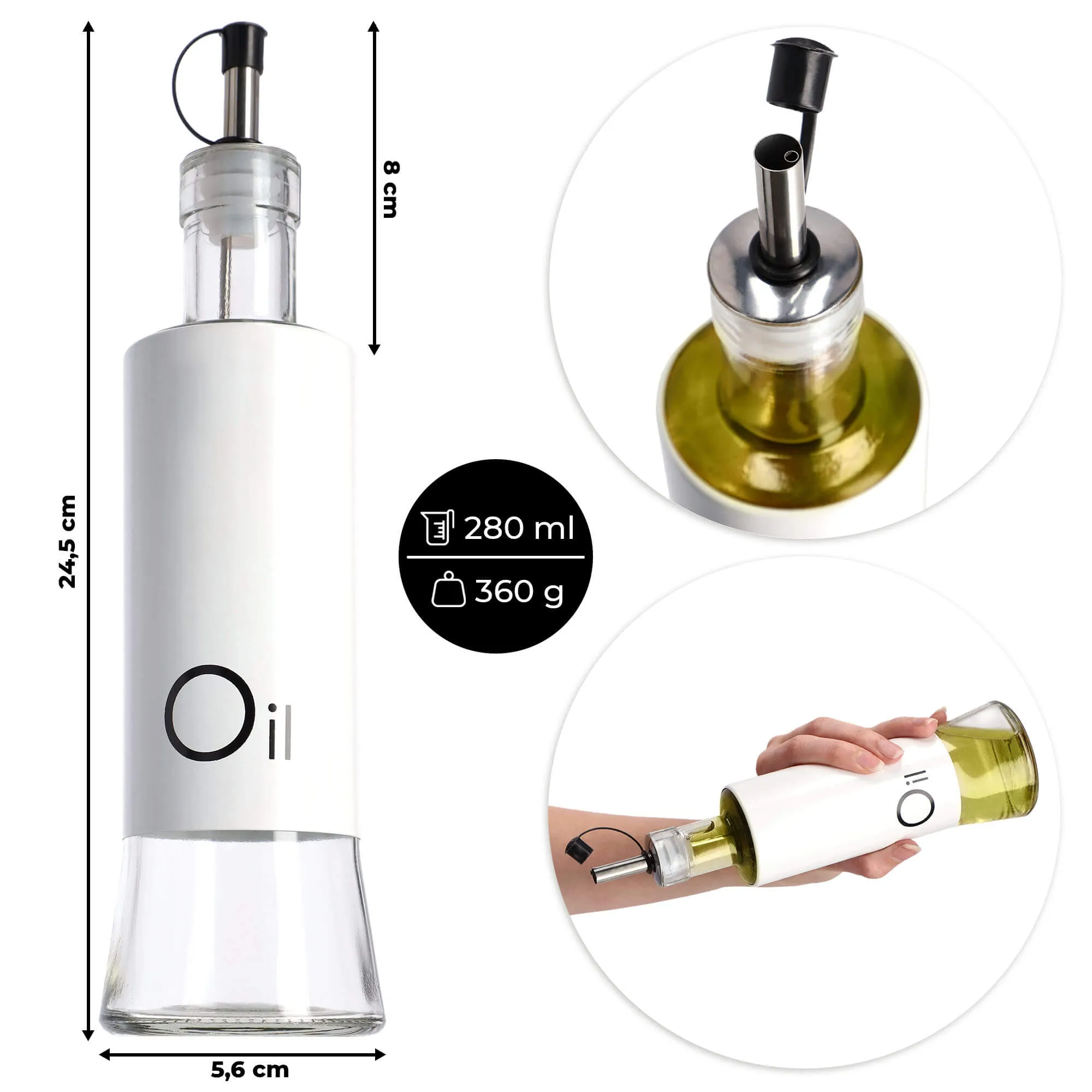 Vats stiklinis alyvuogių aliejaus dozatorius, 280 ml, baltas