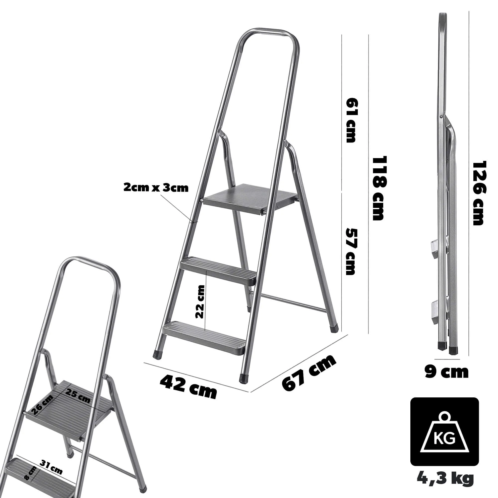 Plieninės kopėčios su platforma Ceriana 3 pakopų 125 kg