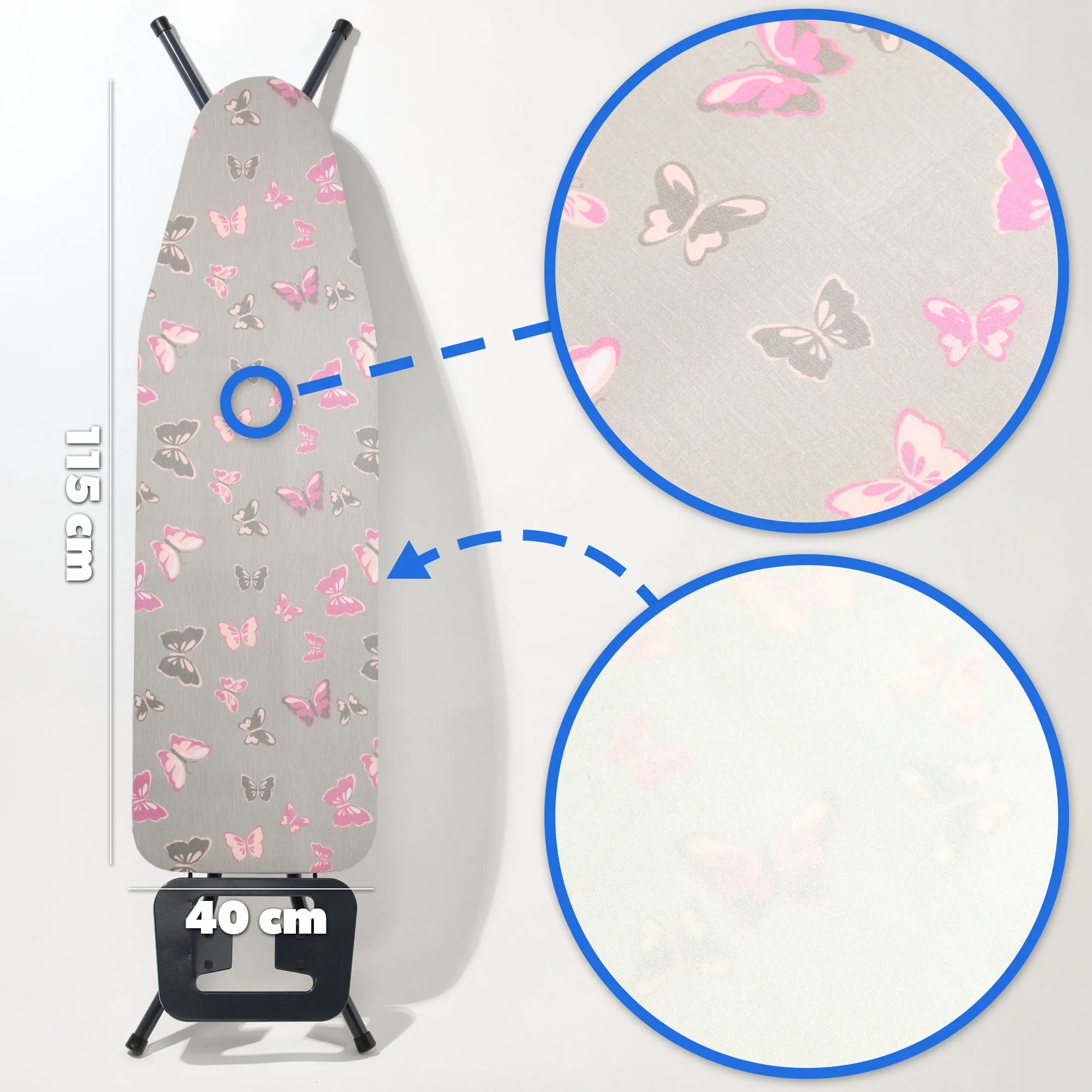 Viseu lyginimo lentos užvalkalas, tamprus, 115×40 cm, drugeliai