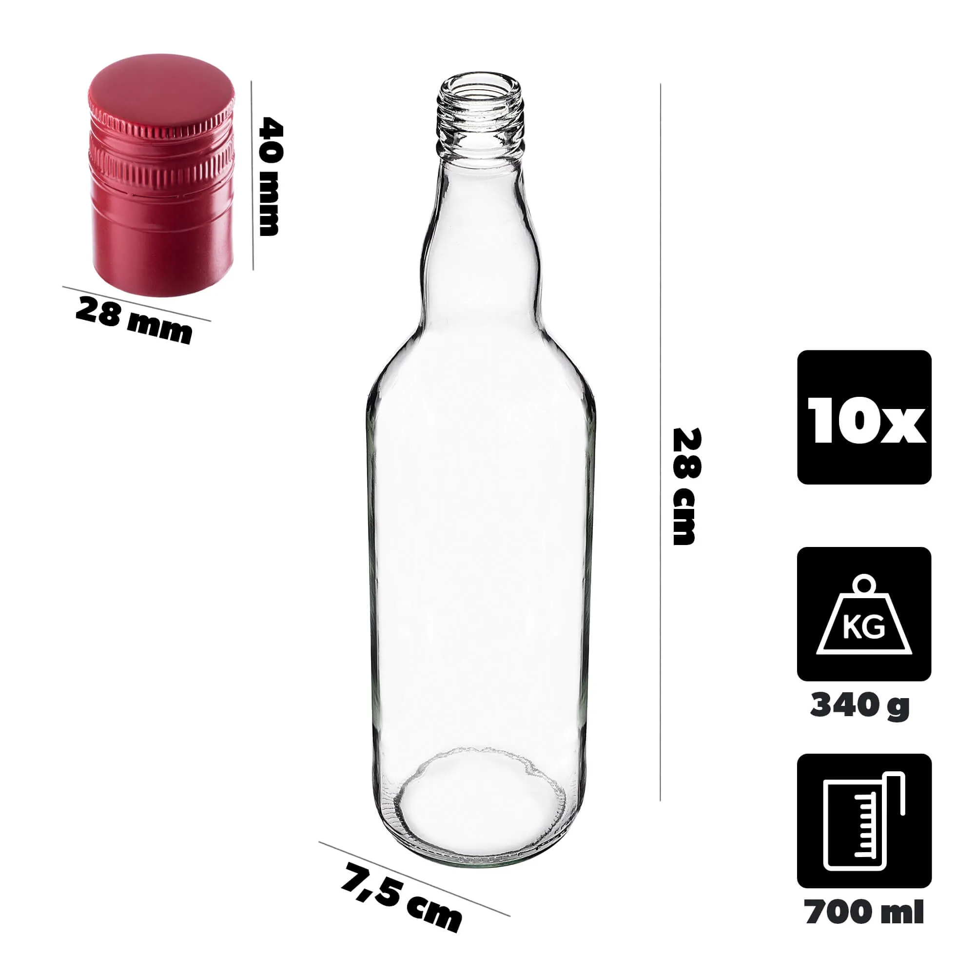 Monopol stikliniai buteliai 700 ml su ilgu raudonu dangteliu, 10 vnt.