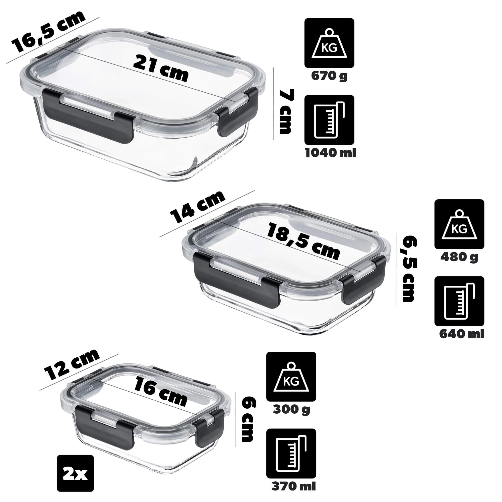 12 juodų Termoli stiklinių indelių su dangteliais rinkinys